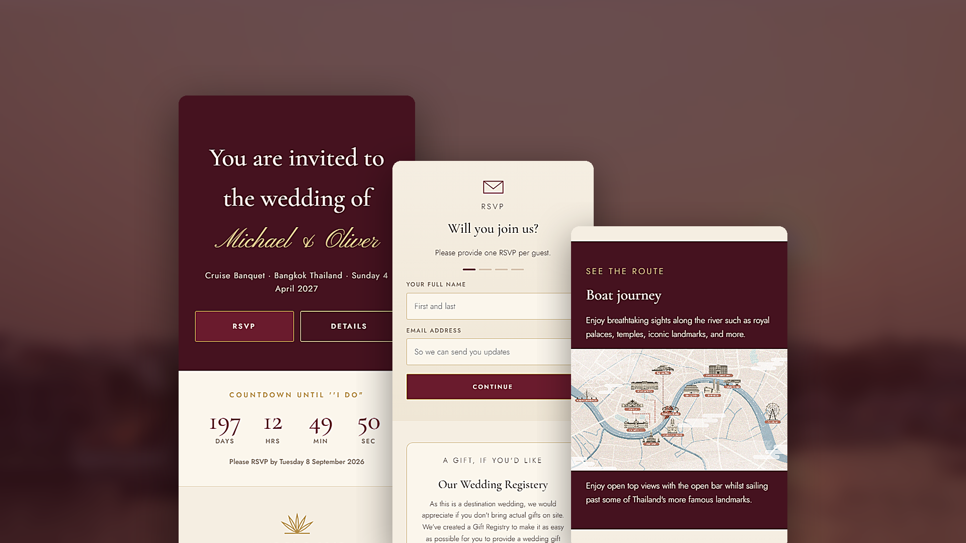 Wedding invitation site: invitation, RSVP form and route map shown side by side