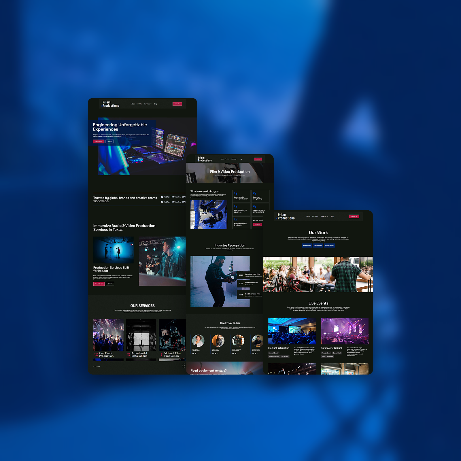 Prism Productions homepage, Film and Video page and Portfolio page shown side by side