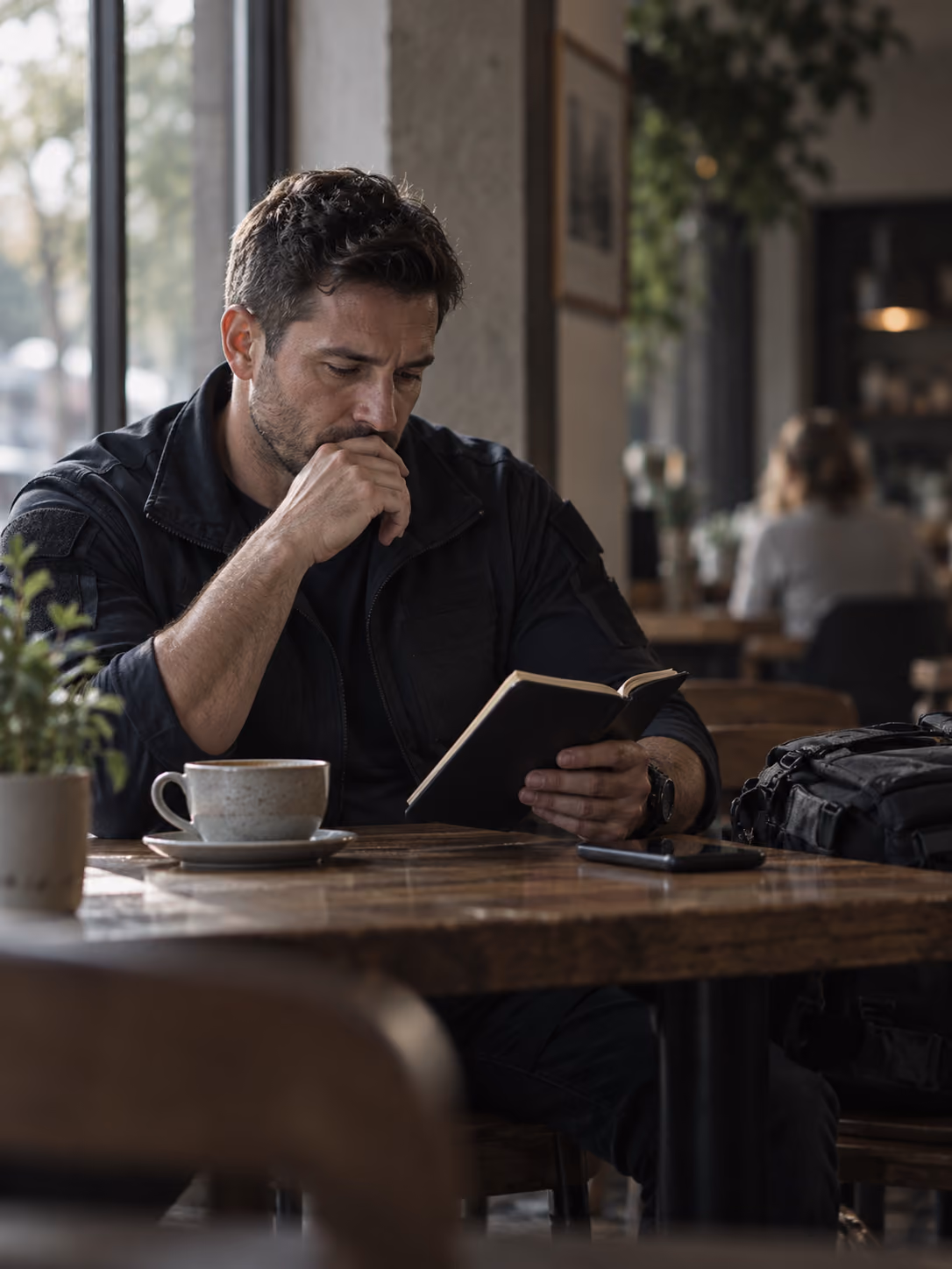 First responder reviewing notes in a quiet cafe while off duty