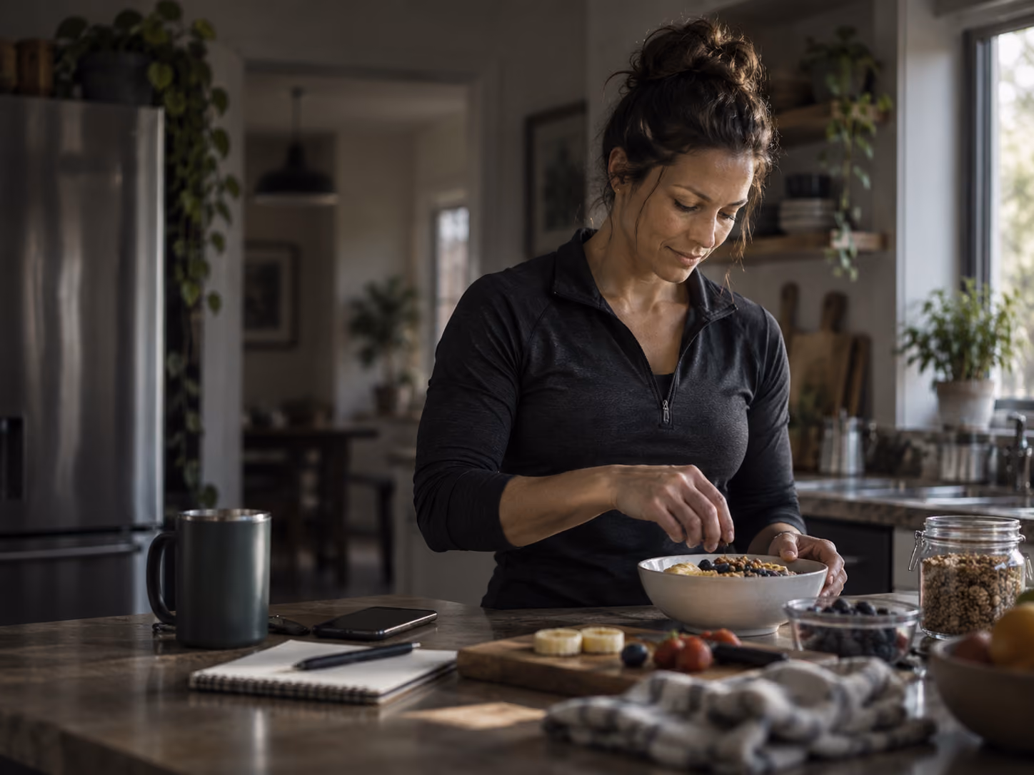 First responder preparing a nutritious breakfast and planning the day at home