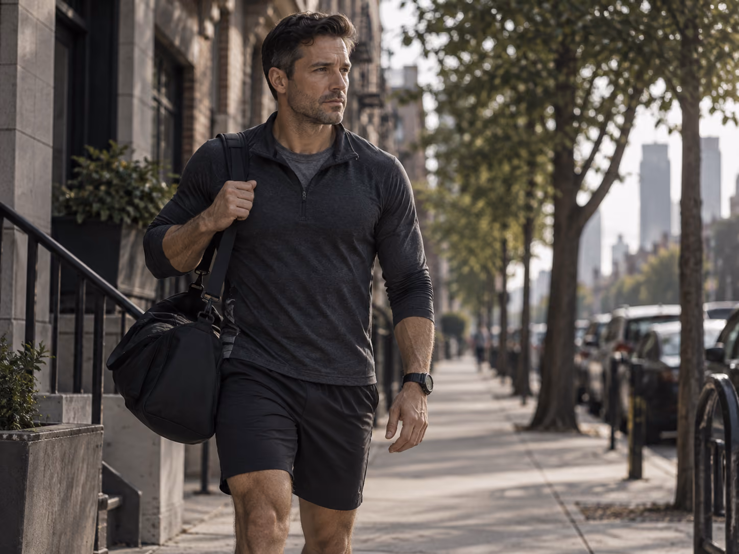 First responder walking through the city with a training bag between work and recovery