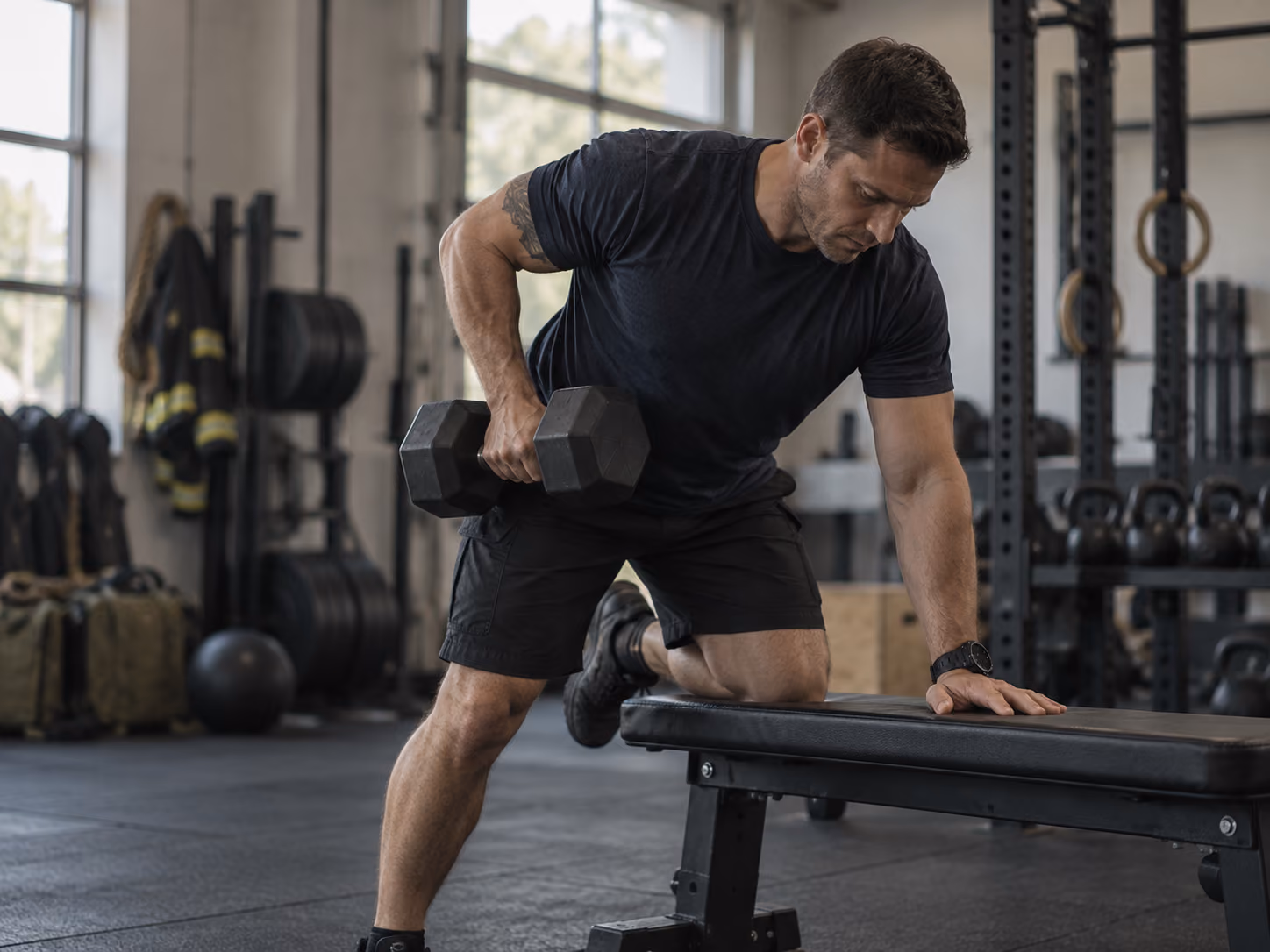 First responder performing controlled strength training with a dumbbell