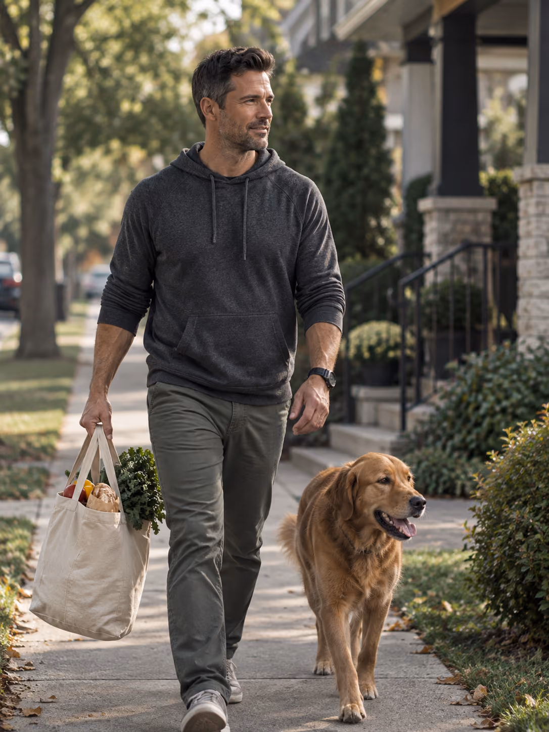 Off-duty first responder walking home with groceries and a dog