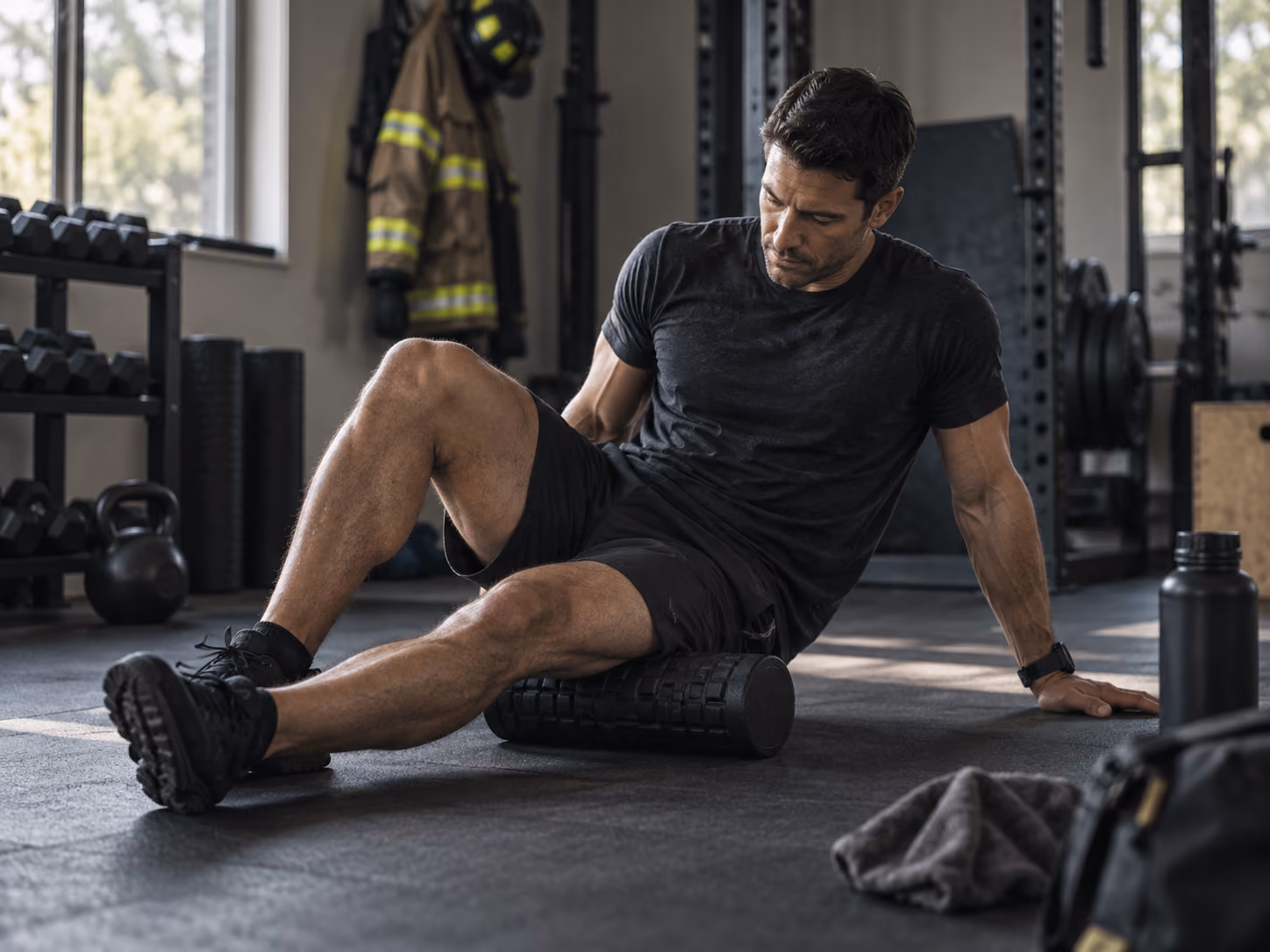 First responder using a foam roller during a practical recovery session