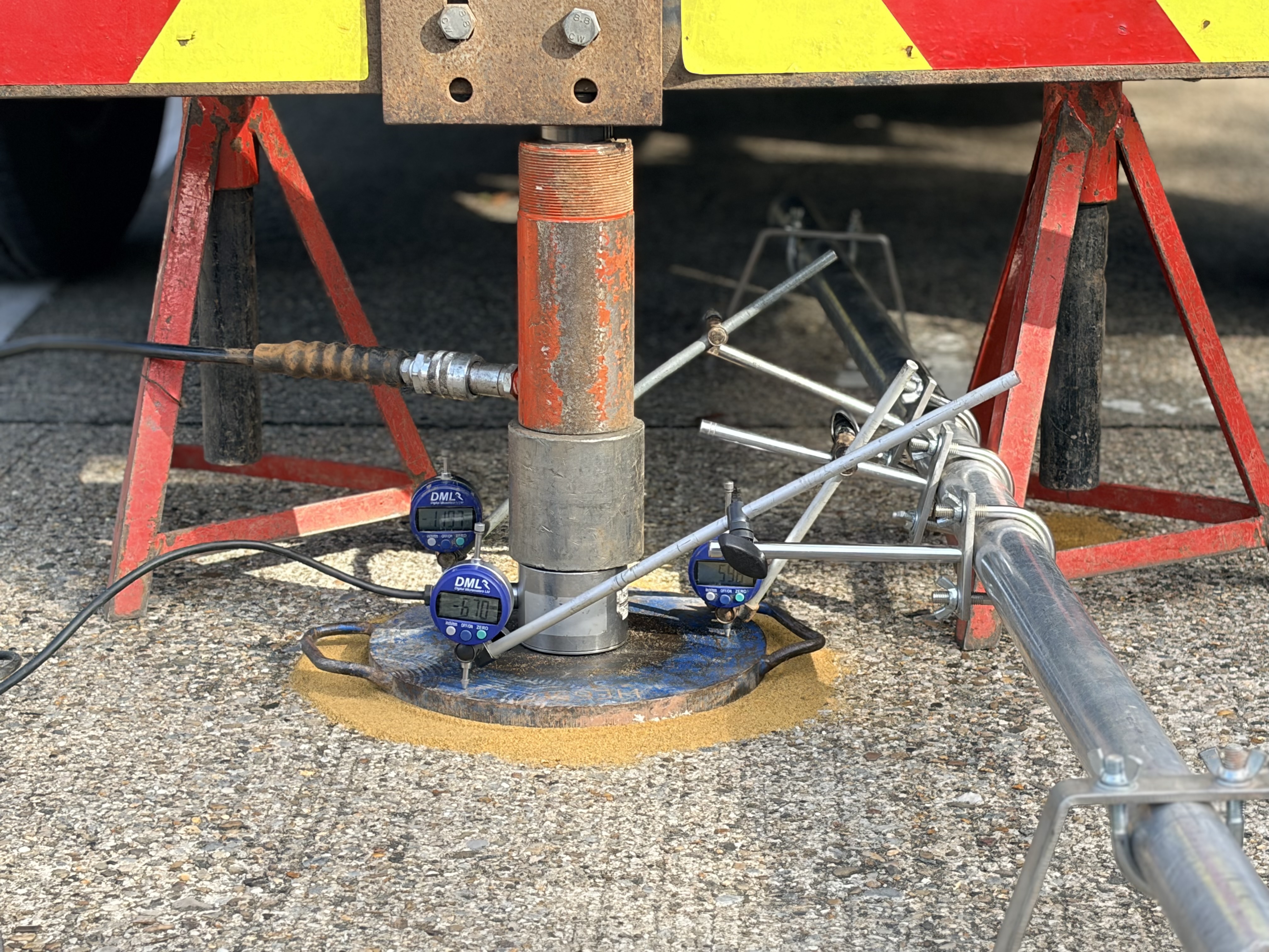 In-situ CBR testing rig set up beneath a vehicle on hardstanding
