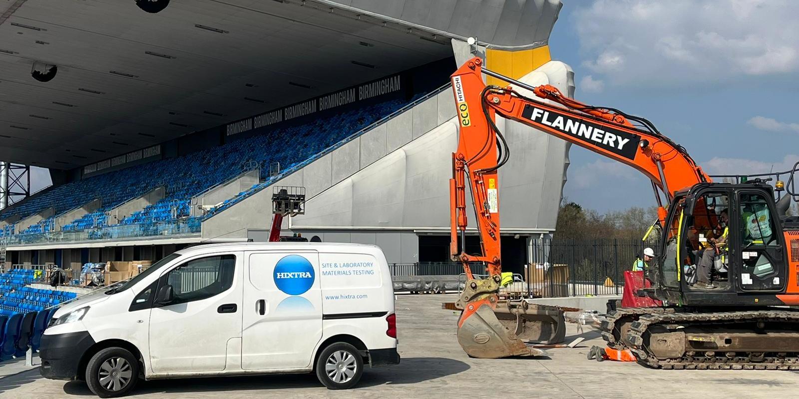 Hixtra technician carrying out CBR and plate bearing testing at Alexander Stadium, Birmingham