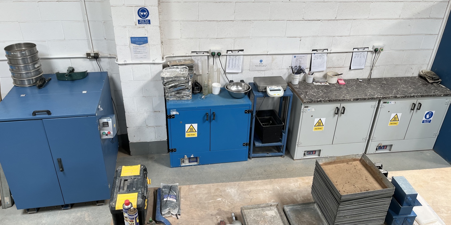 Soil and aggregate samples prepared for laboratory testing at Hixtra