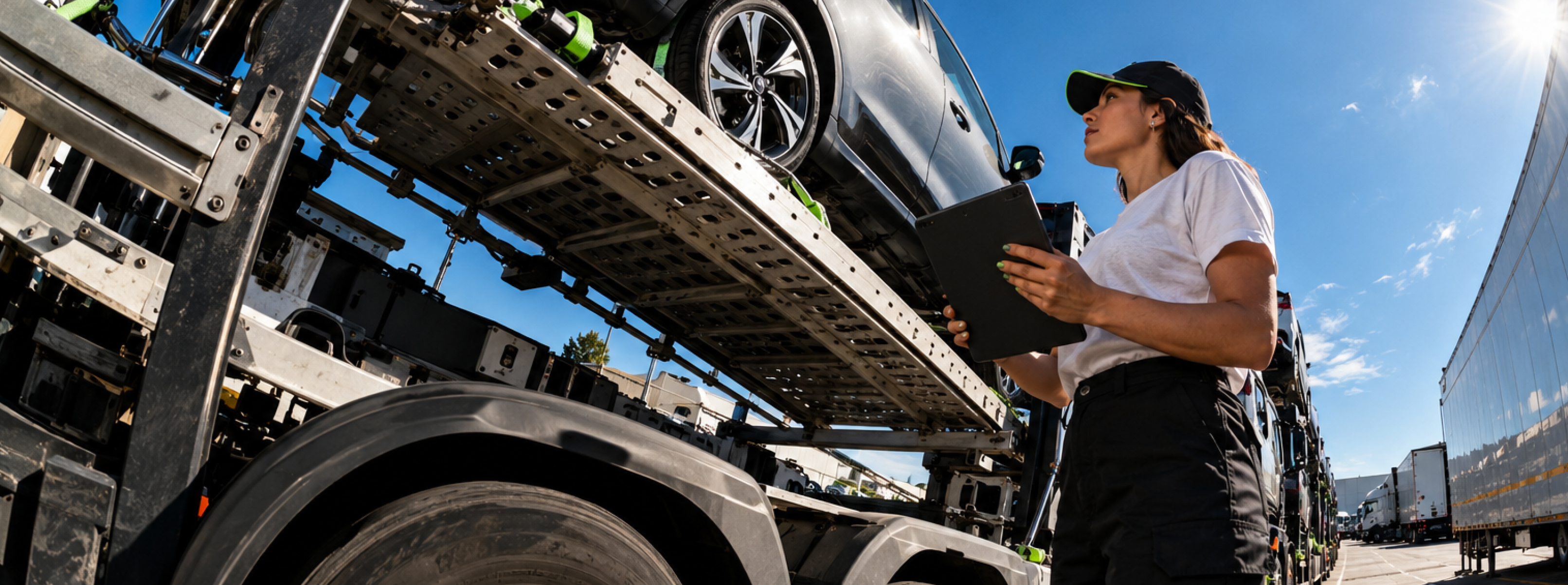 Técnica a verificar carros num camião de transporte