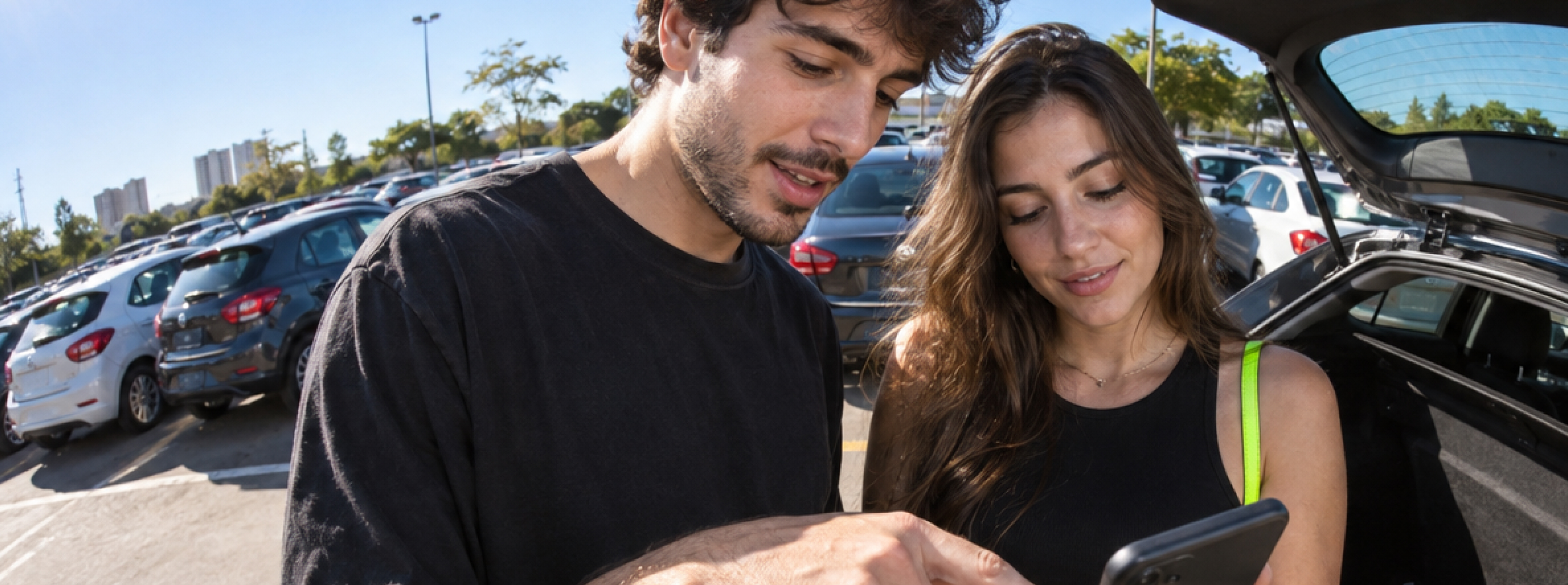Casal num parque de estacionamento a analisar o histórico do carro