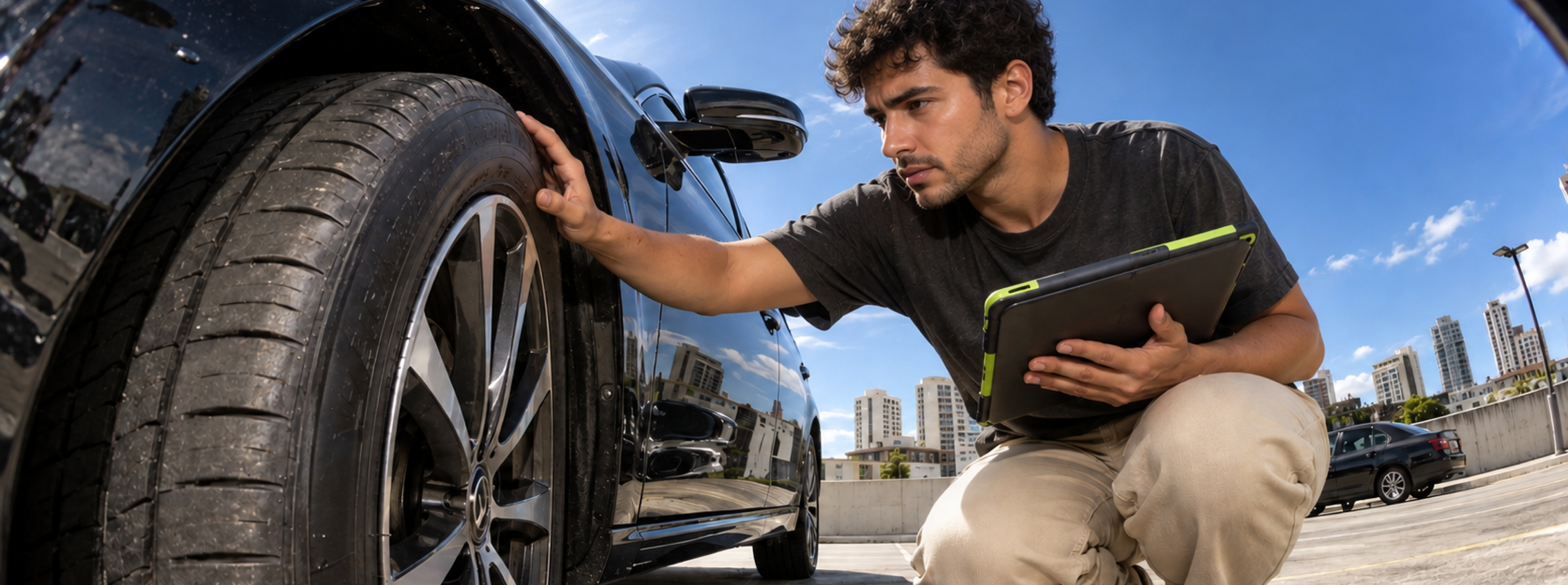 Técnico a verificar os pneus de um carro com um tablet