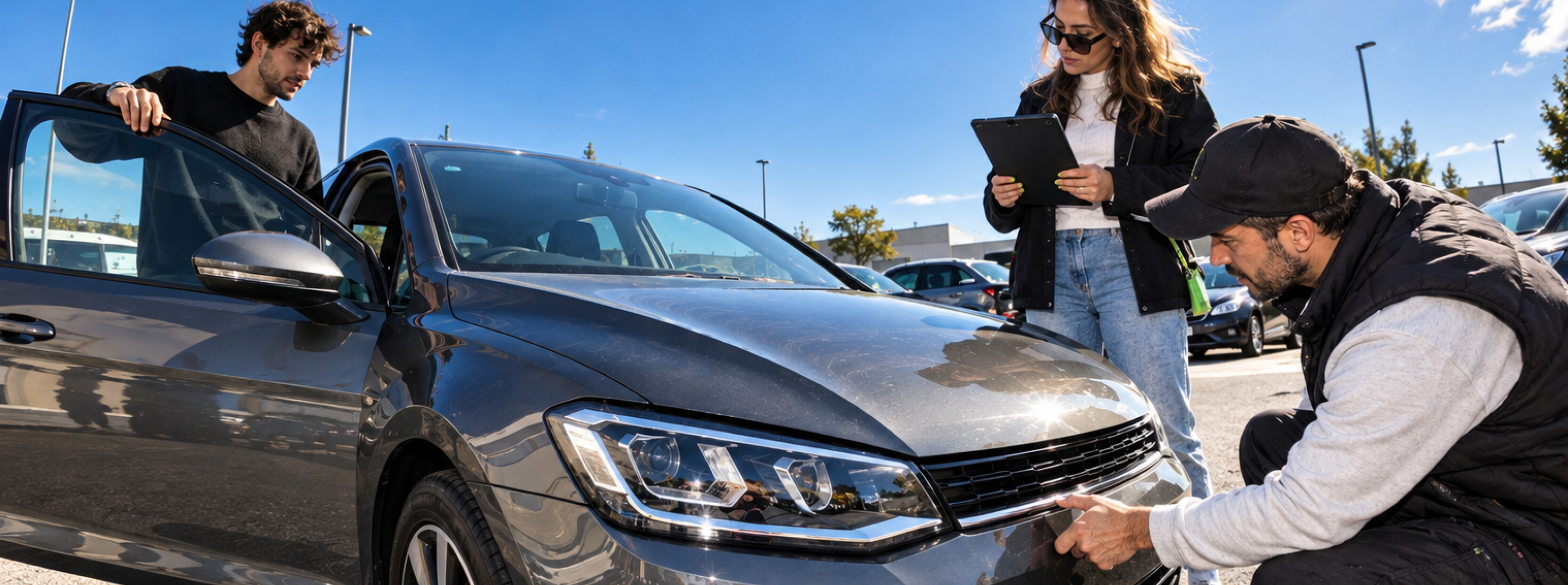 Dois homens a combinar a inspeção junto a um carro