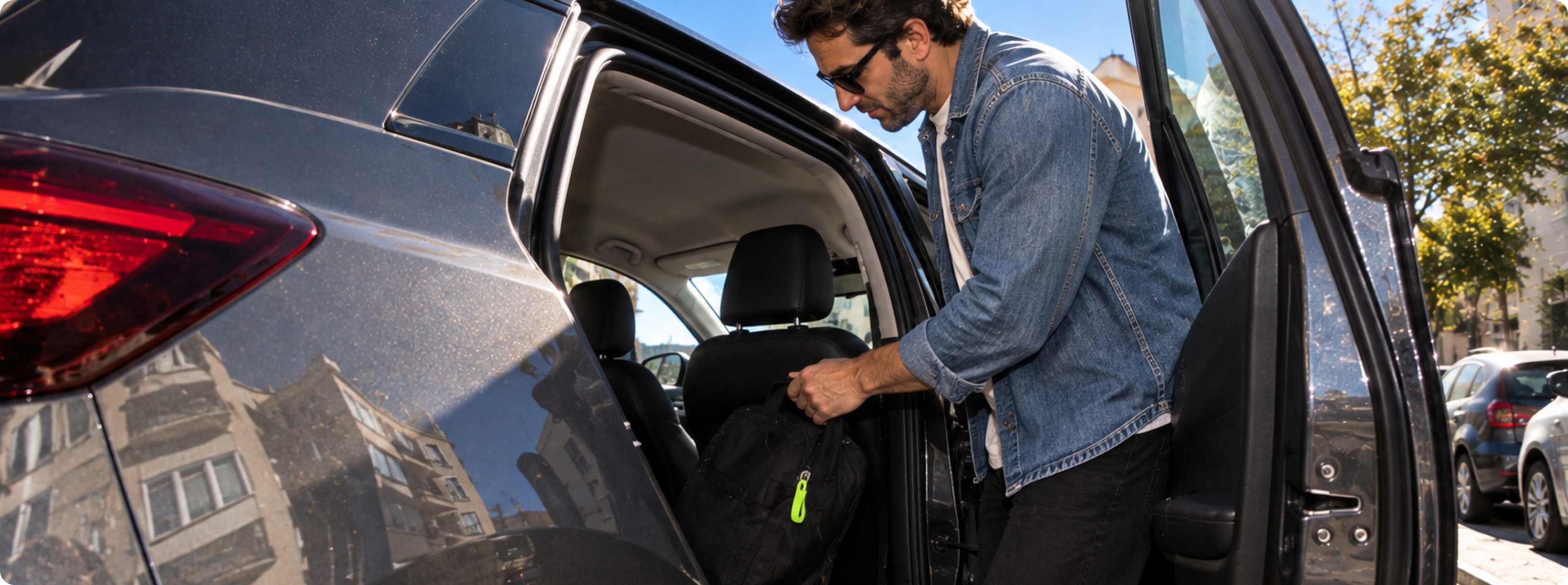Homem a guardar a mochila no carro no dia a dia