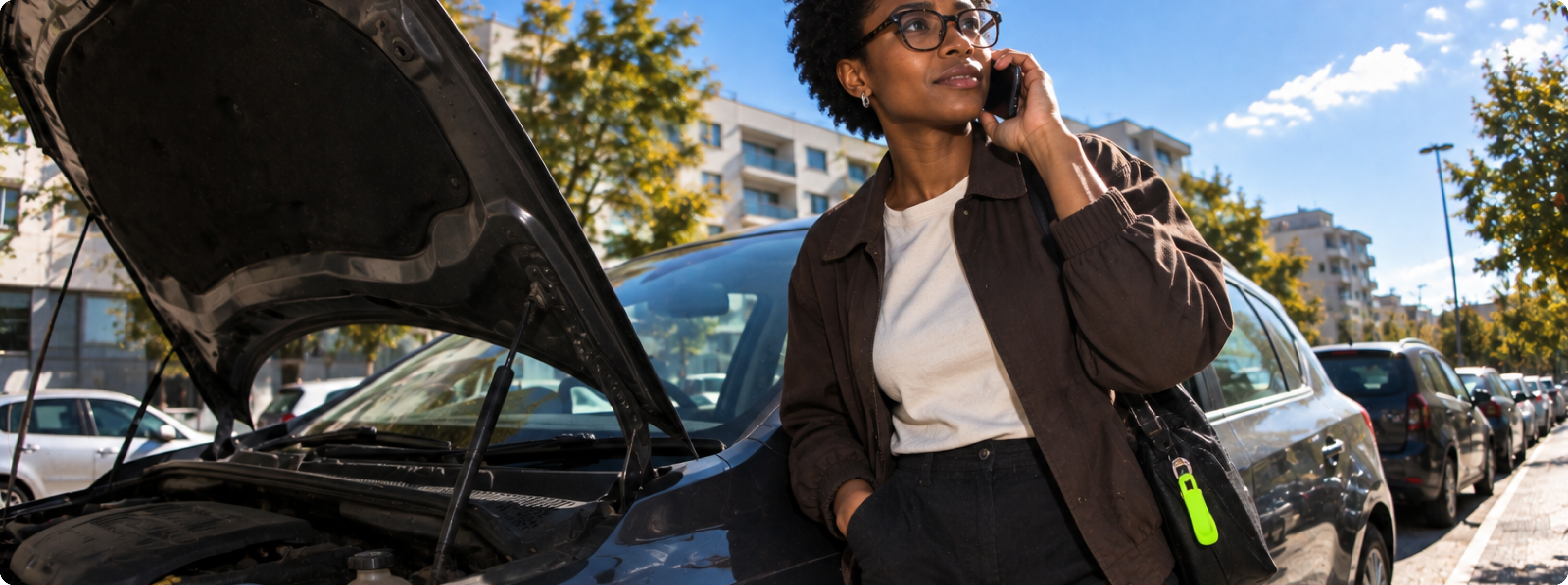 Mulher ao telefone junto a um carro avariado de capô aberto