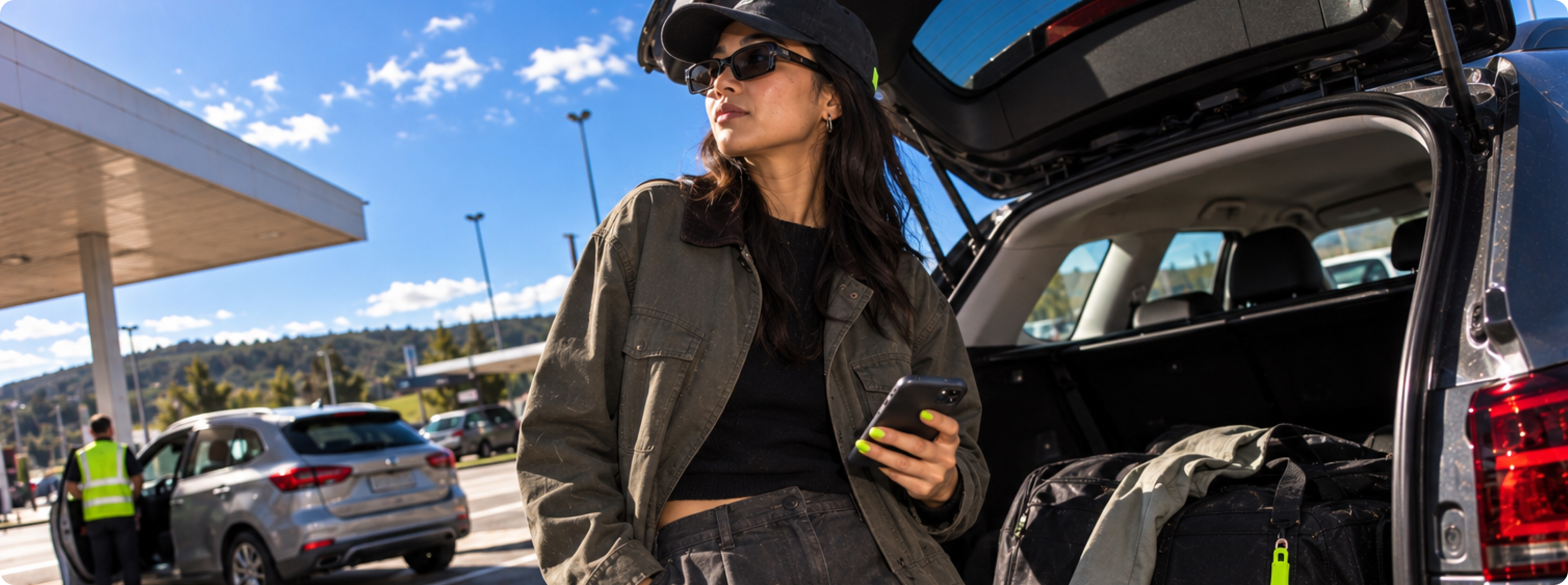 Mulher em viagem junto à bagageira aberta do carro