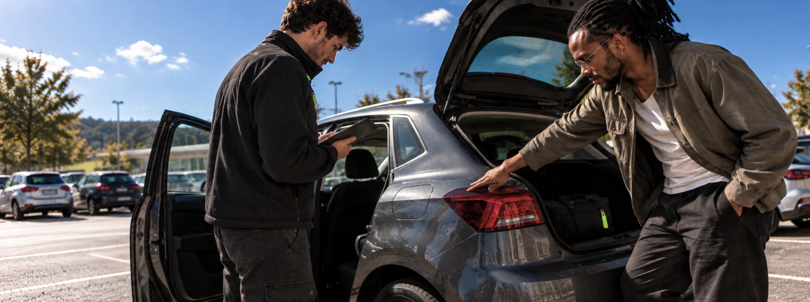 Dois homens a avaliar um carro cinzento num parque