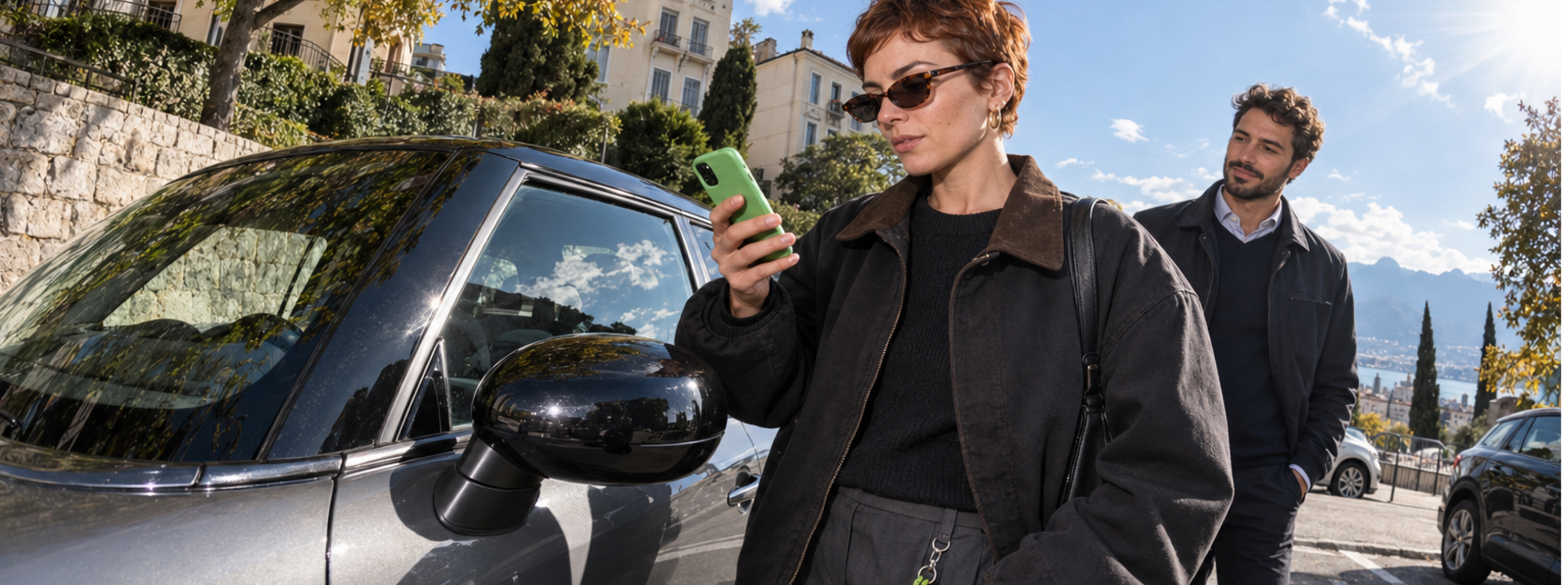 Mulher a receber propostas no telemóvel junto ao carro