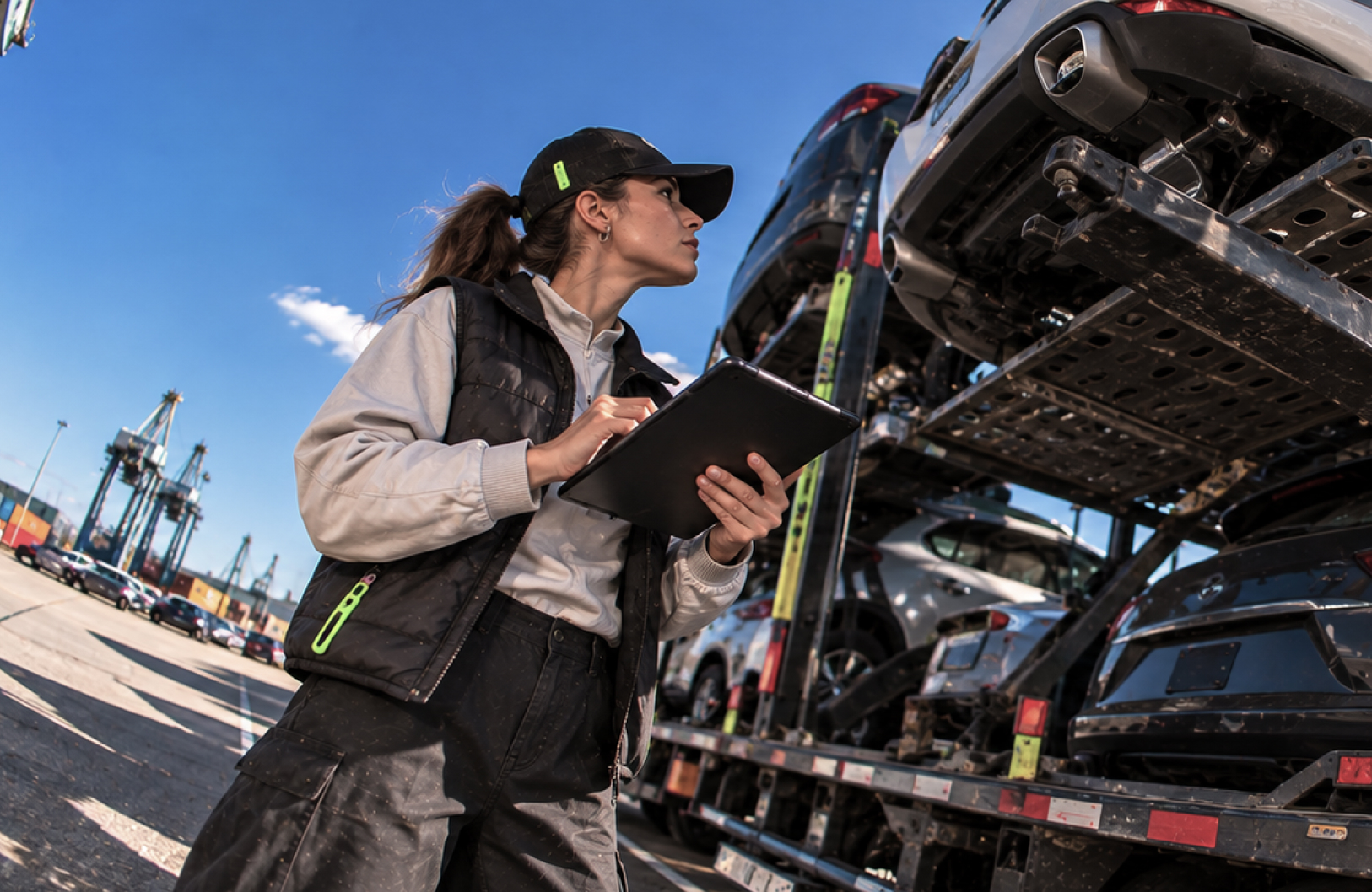 Técnica a verificar carros num camião de transporte