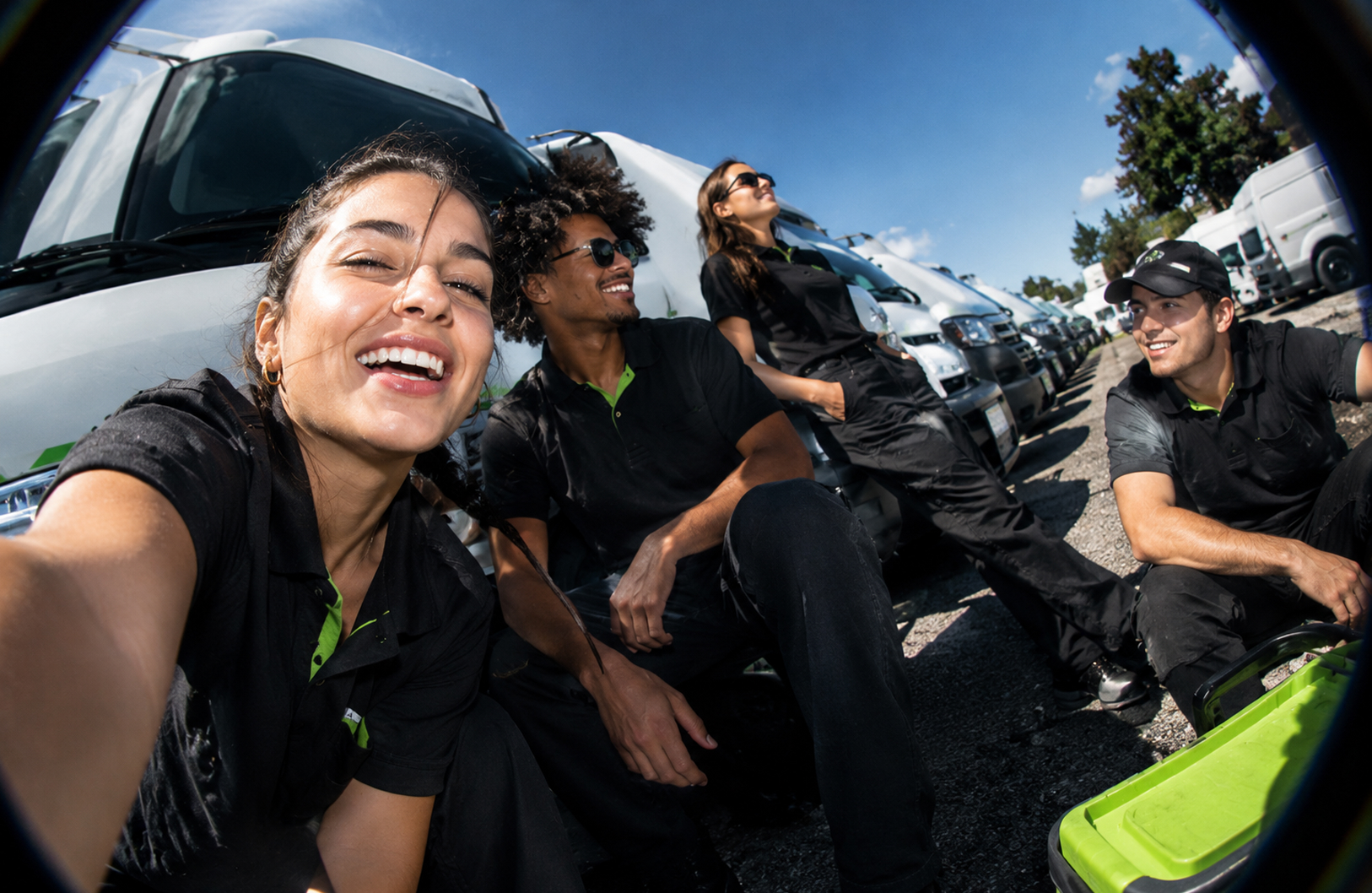 Equipa sorridente junto a uma frota de carrinhas brancas