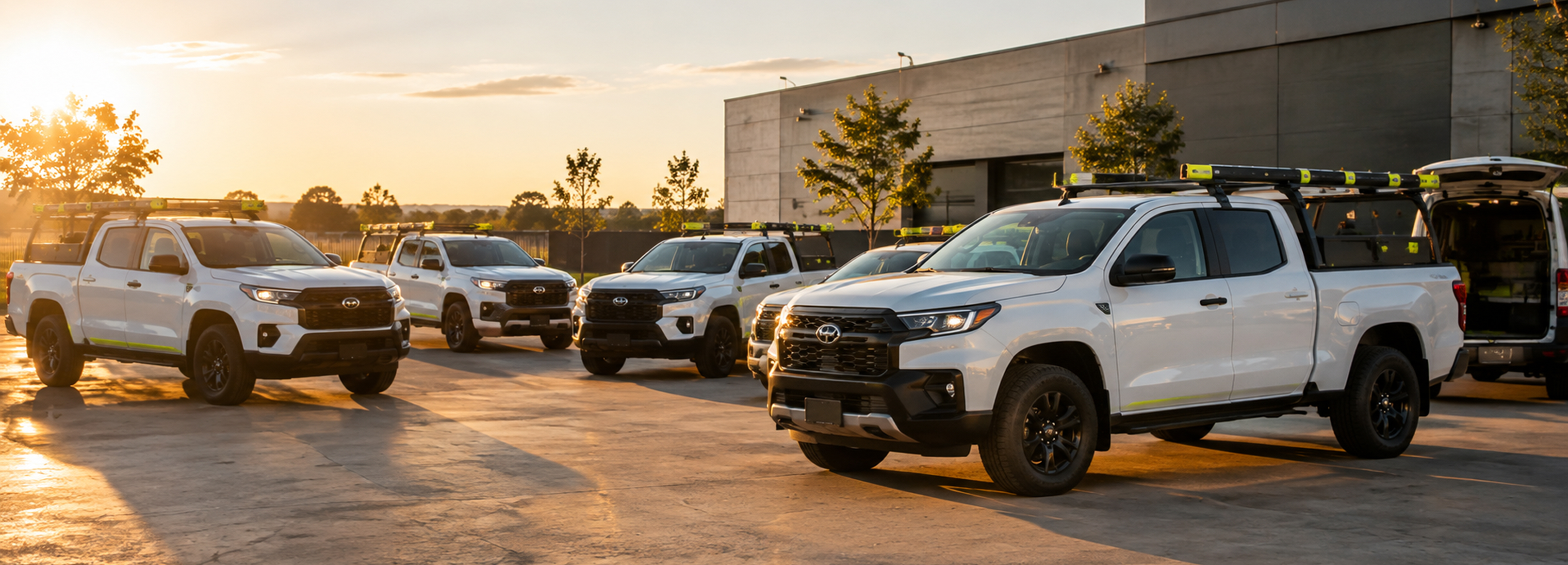 Frota de pick-ups brancas estacionadas ao pôr do sol