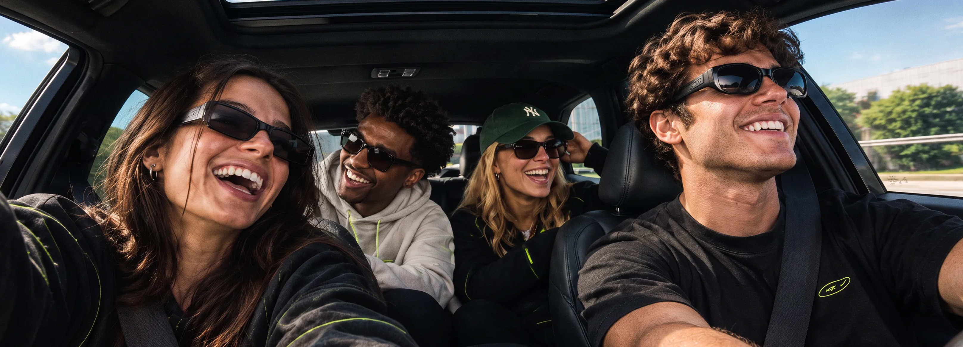 Passageiros sorridentes a viajar dentro de um carro