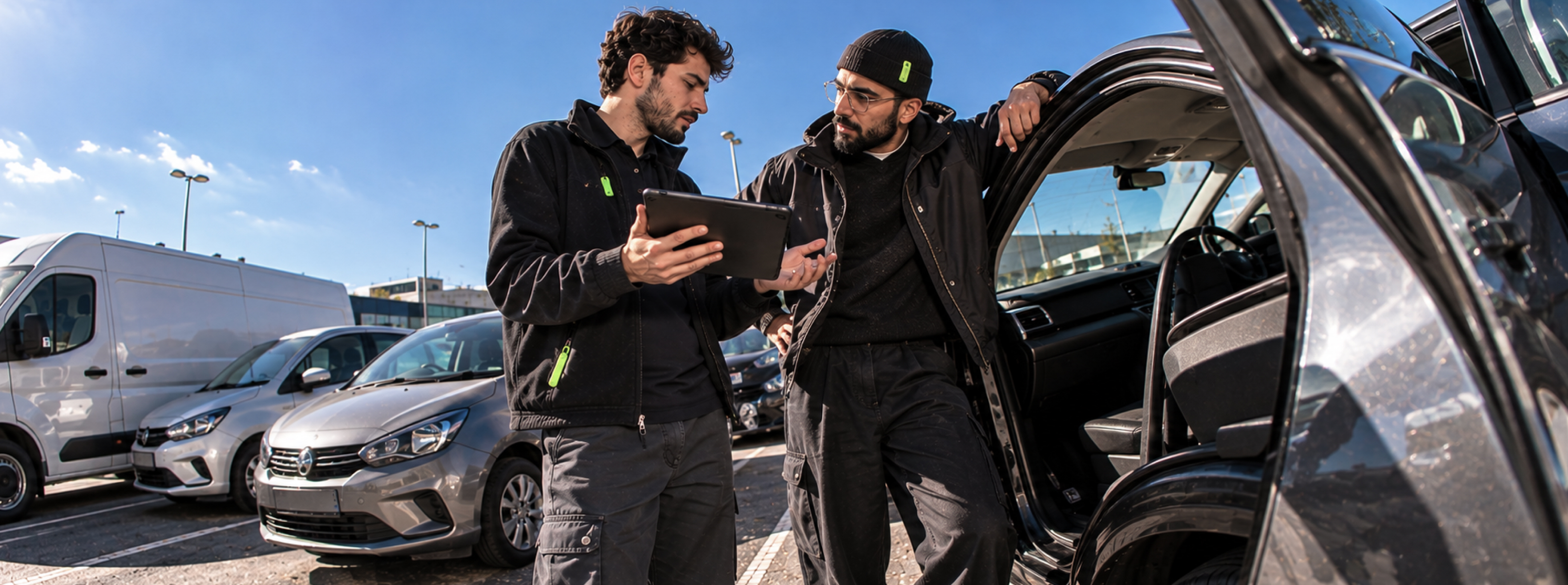 Dois técnicos a definir critérios num tablet junto a um carro