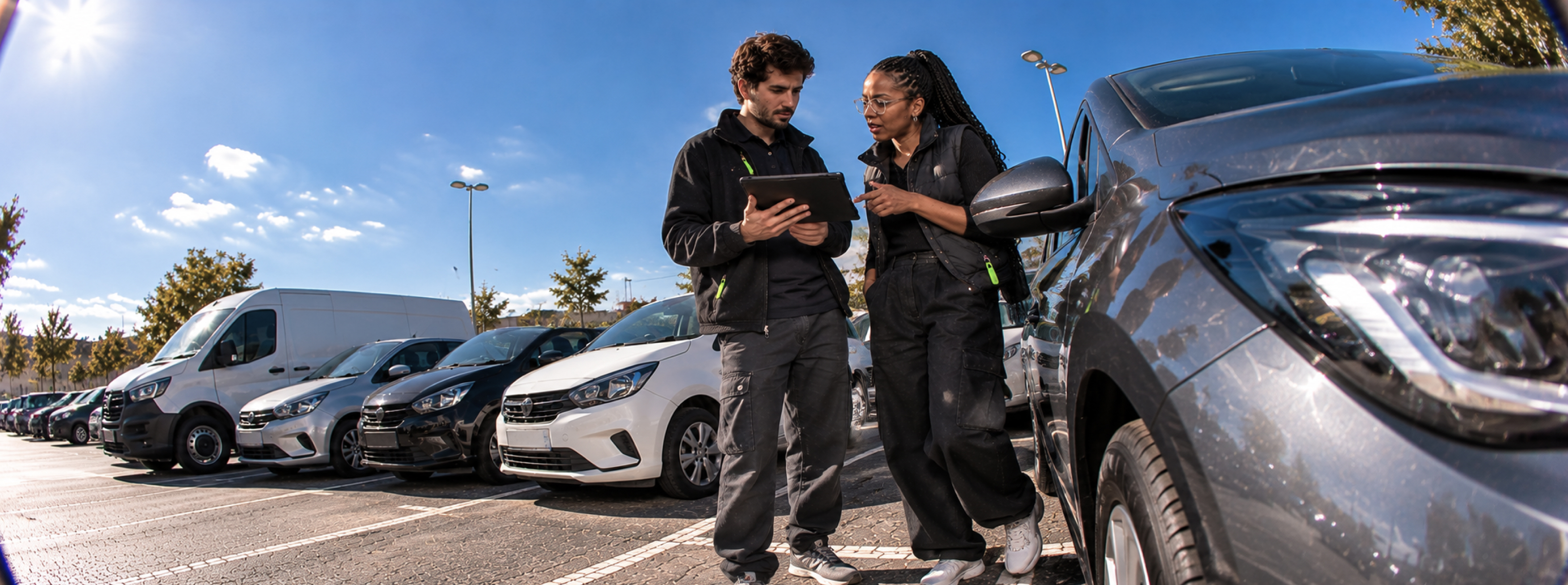 Consultores com tablet junto a uma frota de carros e carrinhas