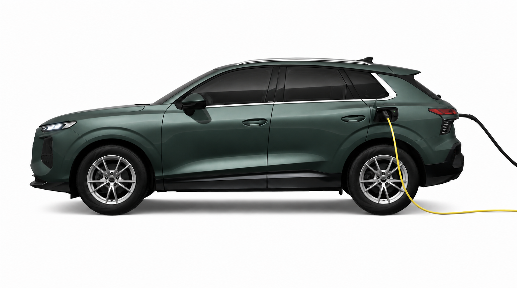 SUV híbrido plug-in verde-escuro ligado ao carregador