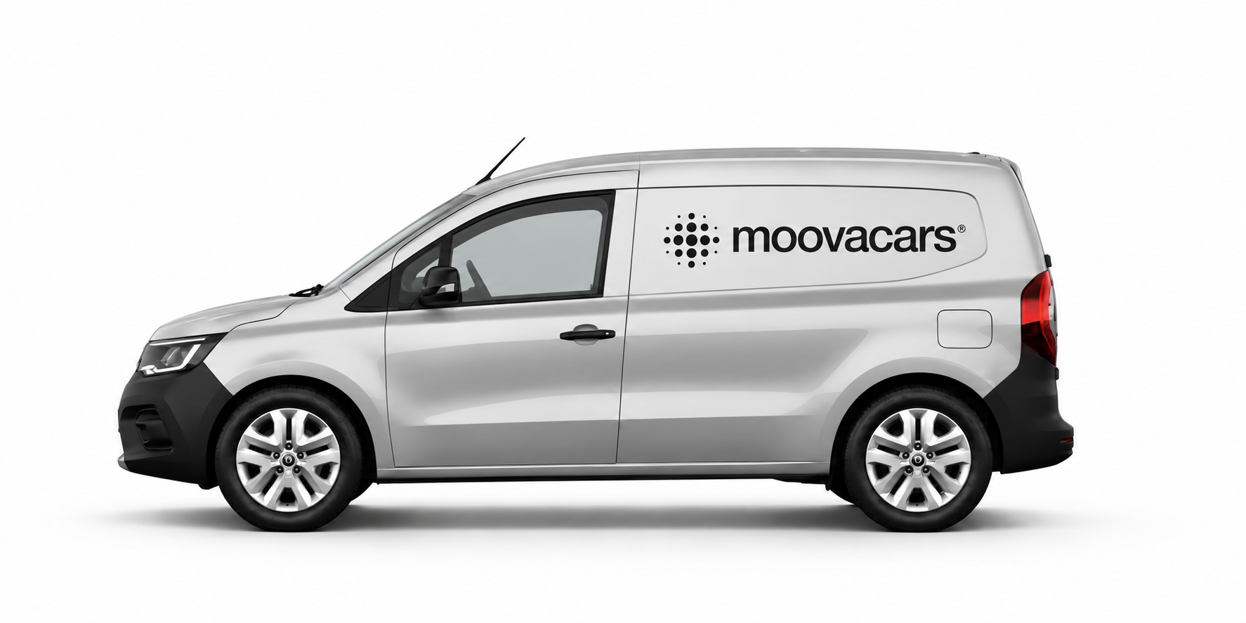 Carrinha comercial cinzenta com logótipo Moovacars, vista lateral