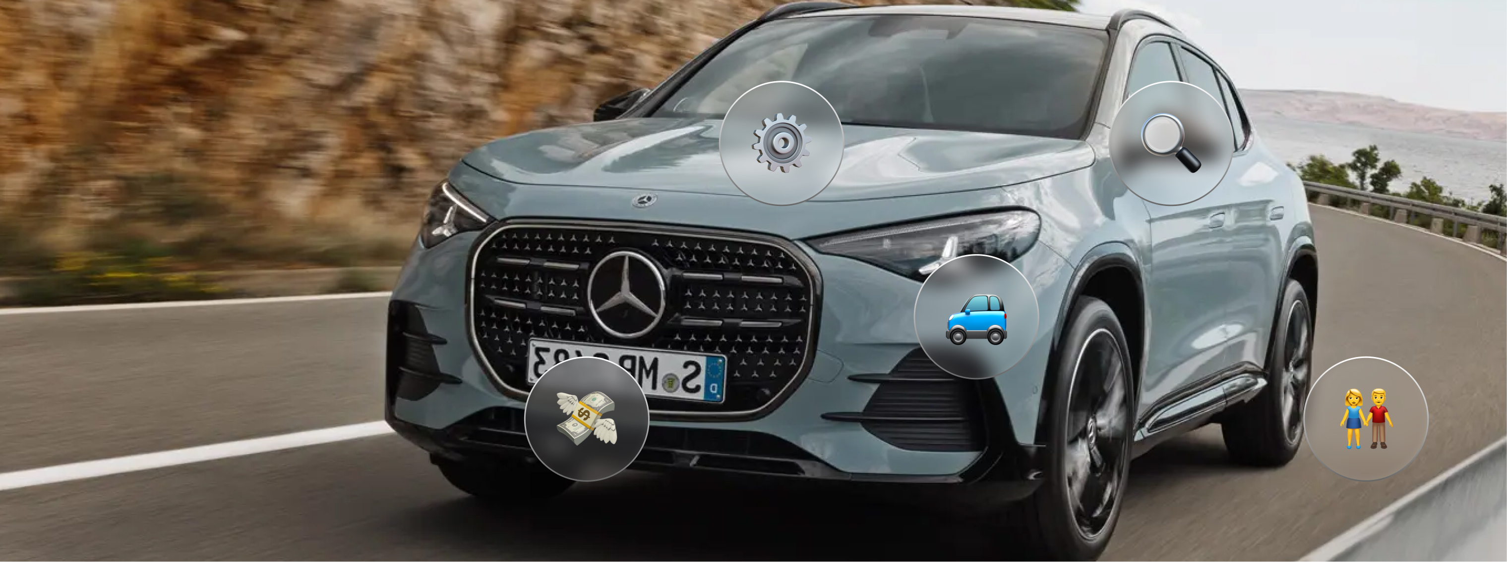 Mercedes GLC na estrada com ícones do perfil do condutor