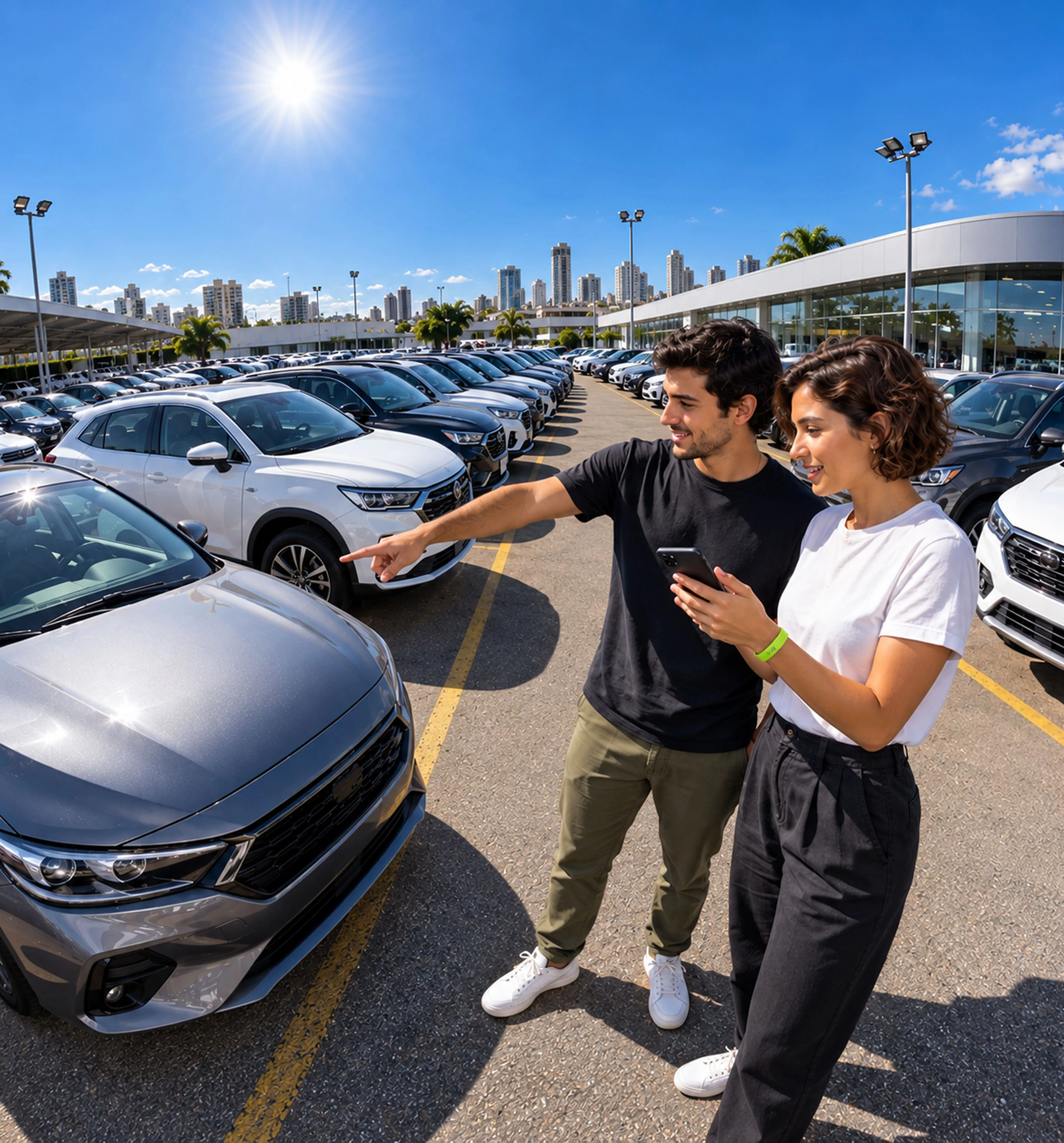 Casal a escolher carro num parque de automóveis usados