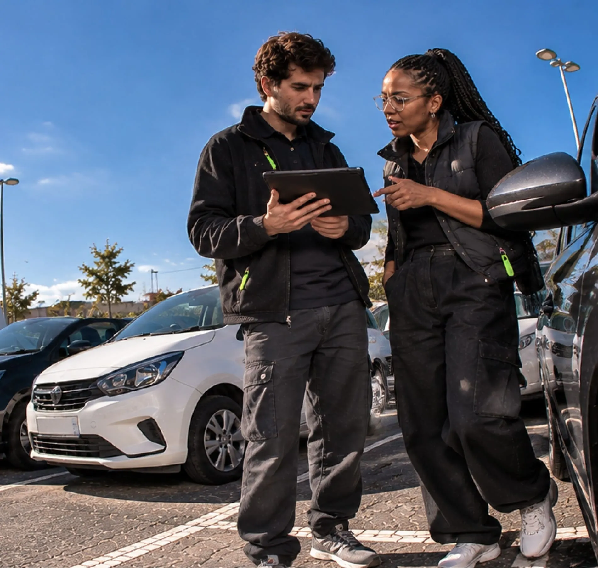 Equipa Moovacars a verificar a documentação de um carro importado num tablet
