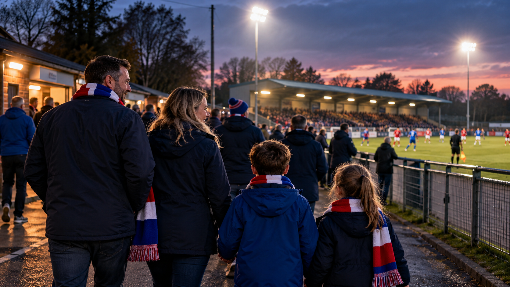 A family of Maldon and Tiptree supporters arriving for an evening match