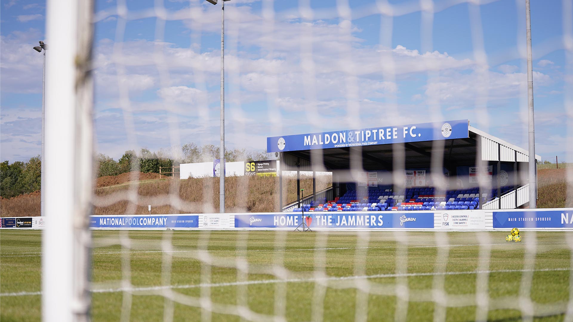 The Maldon Stadium viewed through a goal net