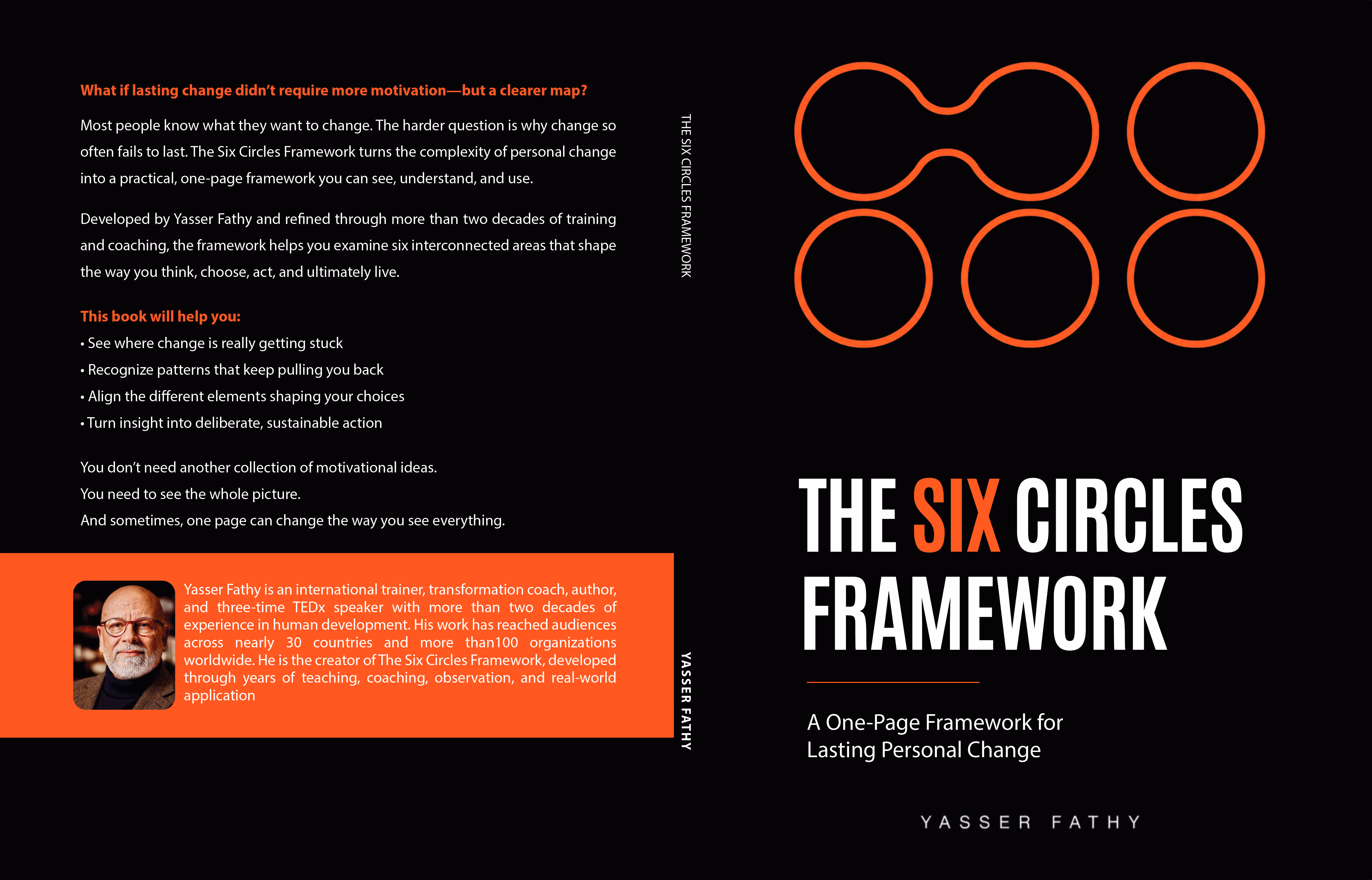 The full cover of The Six Circles Framework laid flat — back cover, spine and front cover with the Six Circles geometry.
