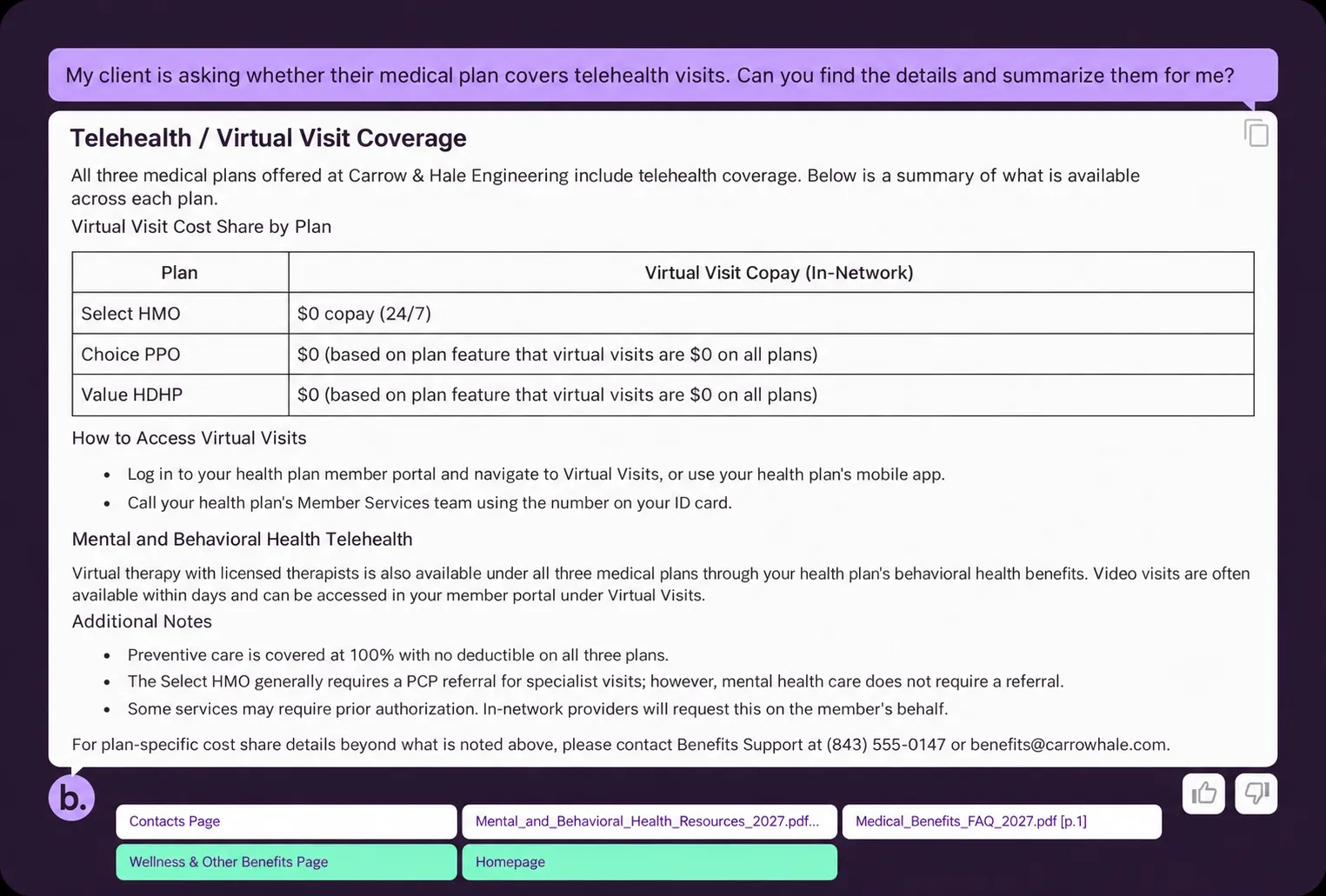 Benny explaining telehealth information with source links in a broker demonstration.