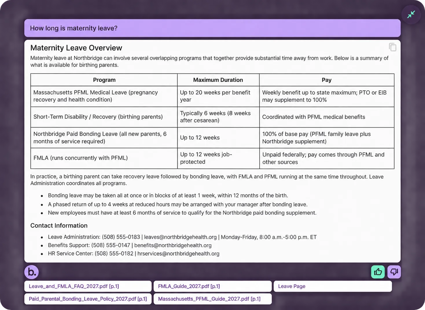 Benny showing a parental leave overview, contact information, and links to the source policies.