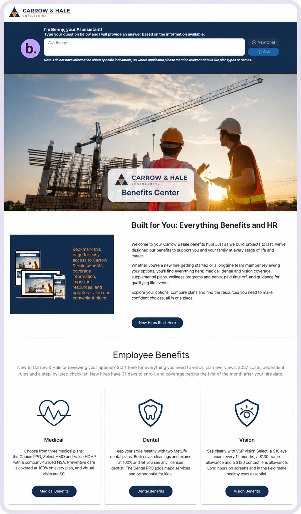 Carrow and Hale product demonstration with Benny, an employer-branded benefits center, and benefit categories.