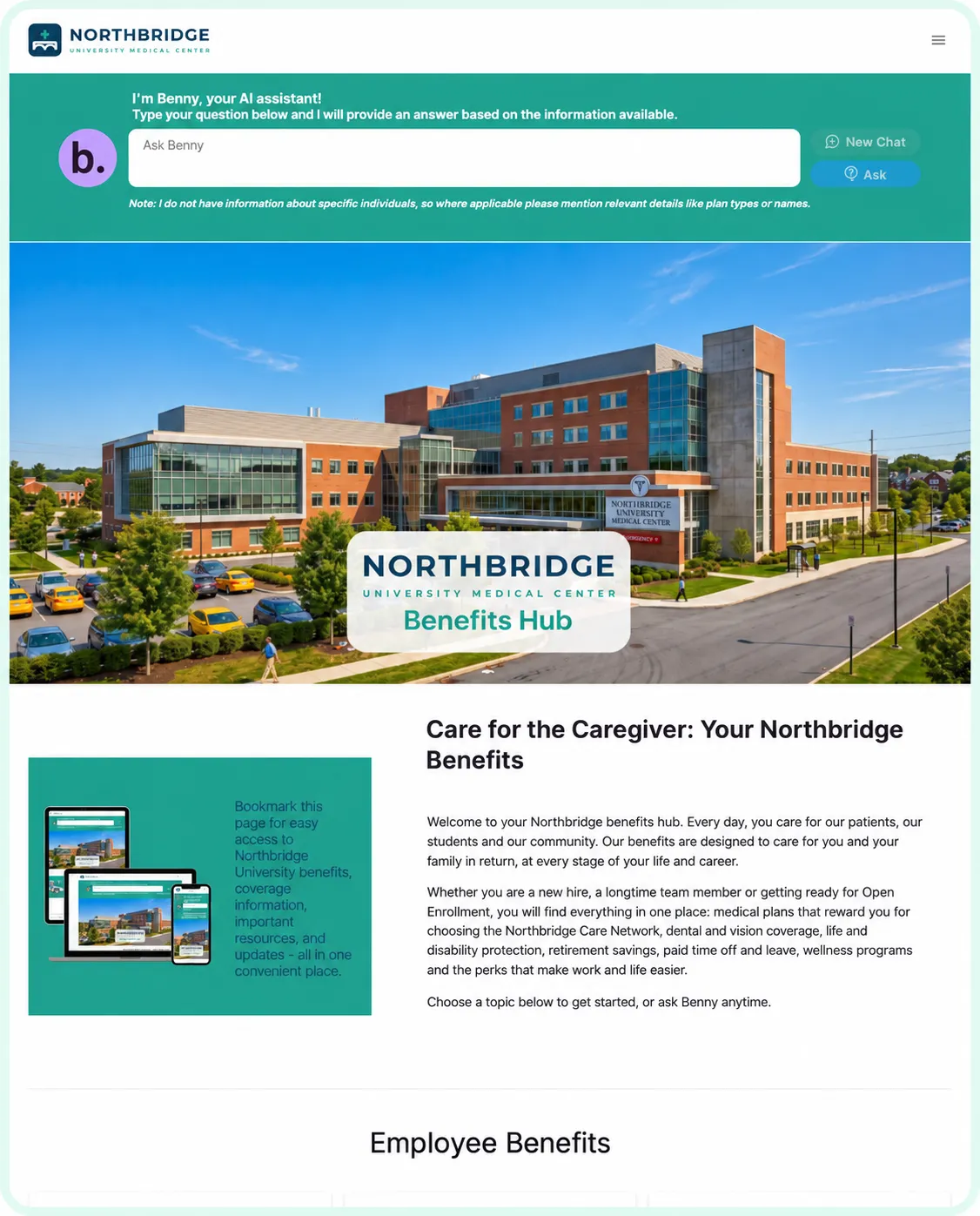 Northbridge demonstration Site with employer branding, Benny, and benefits information.