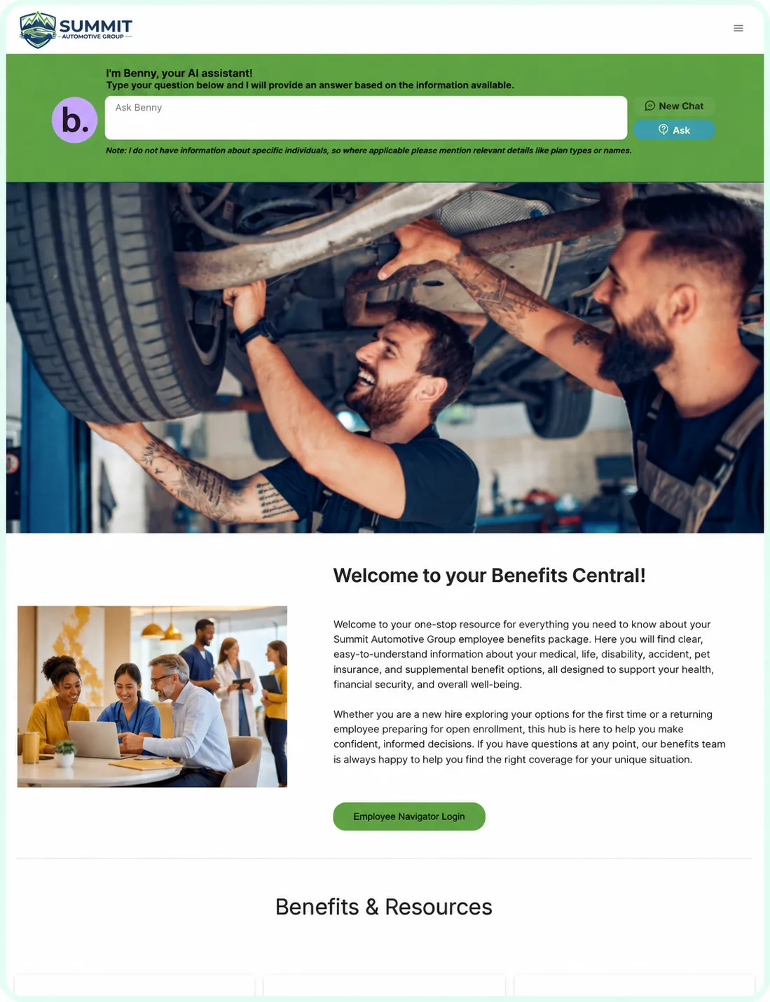 Summit Automotive demonstration Site with employer branding, Benny, and benefits information.