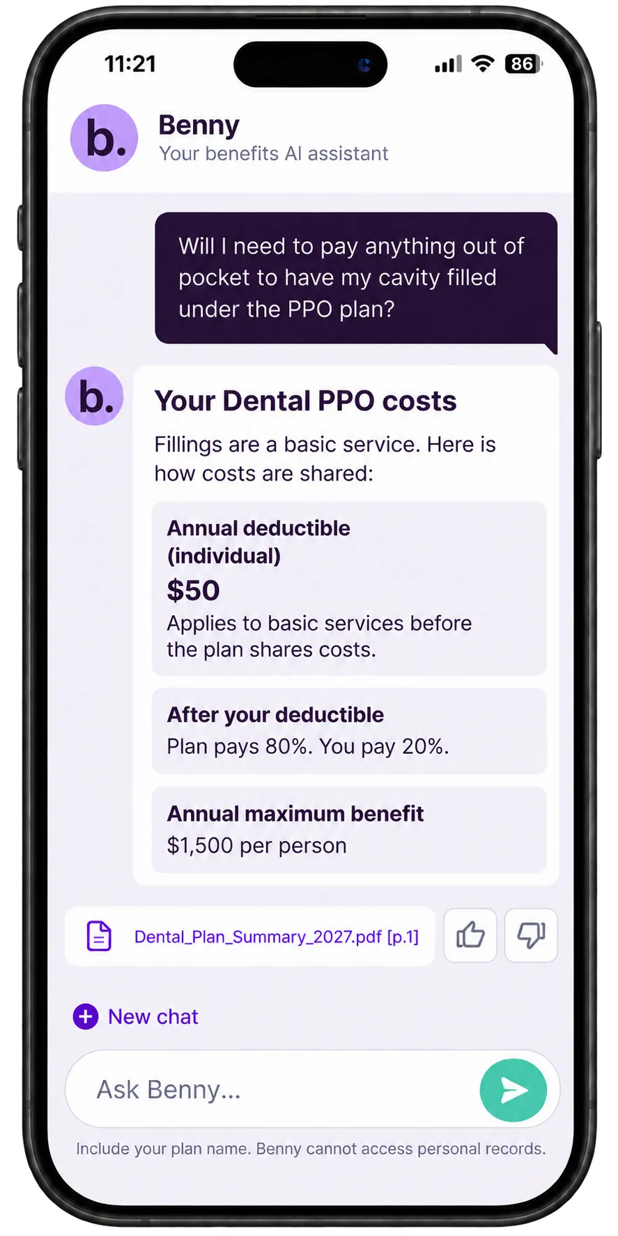 Mobile Benny demonstration: a question about filling a cavity, a breakdown of dental PPO costs, and a link to the plan summary.