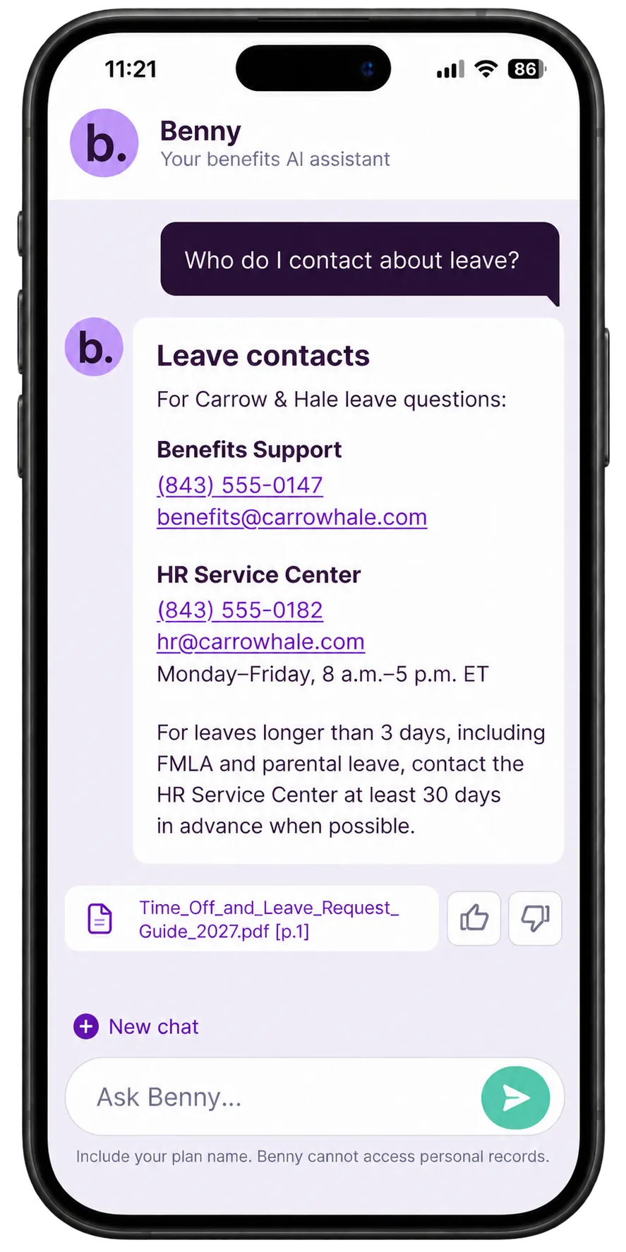 Mobile Benny demonstration showing benefits and HR contacts for leave questions, with a linked leave guide.