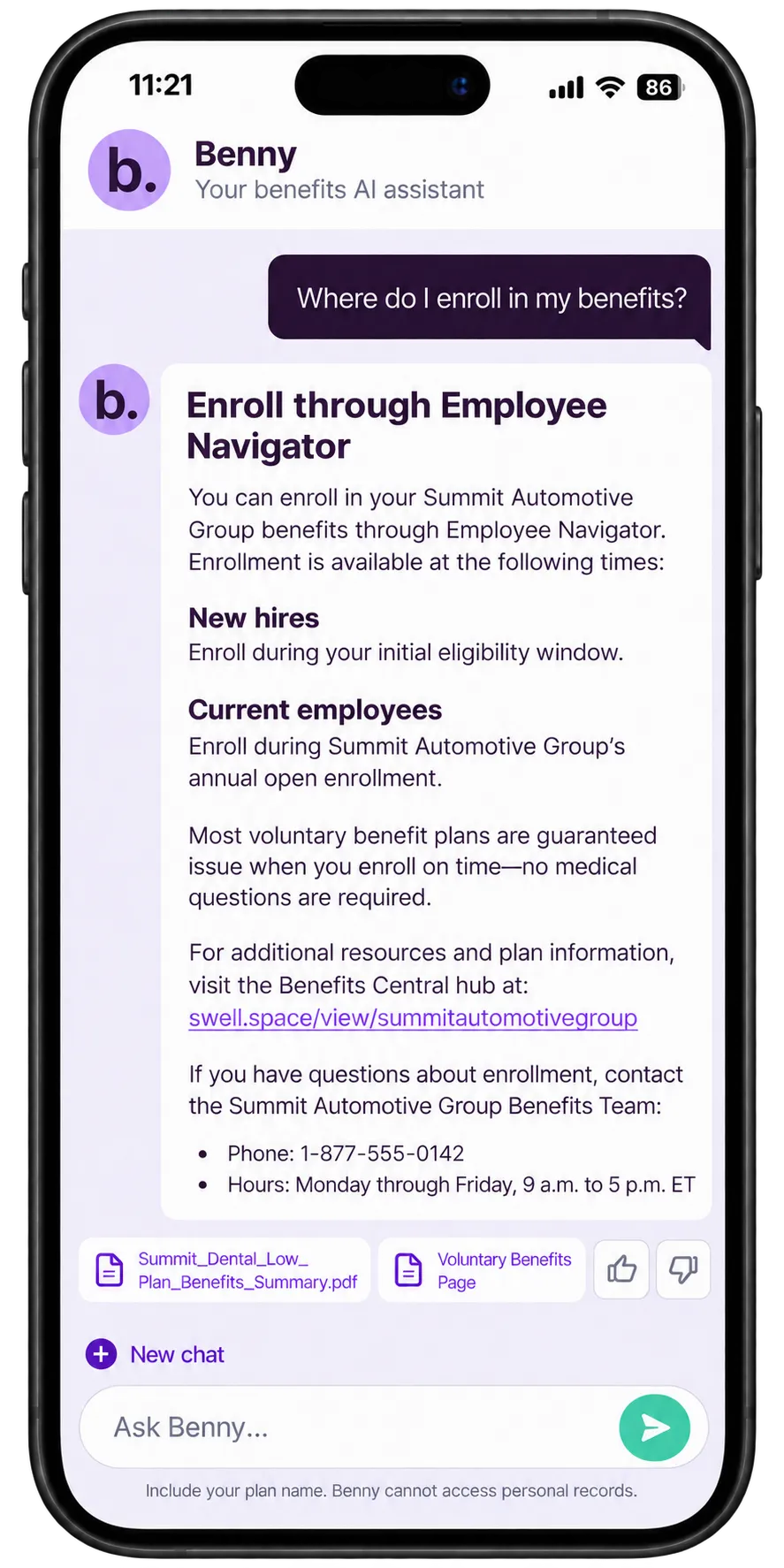 Mobile Benny demonstration directing a Summit Automotive employee to Employee Navigator and benefits contacts.