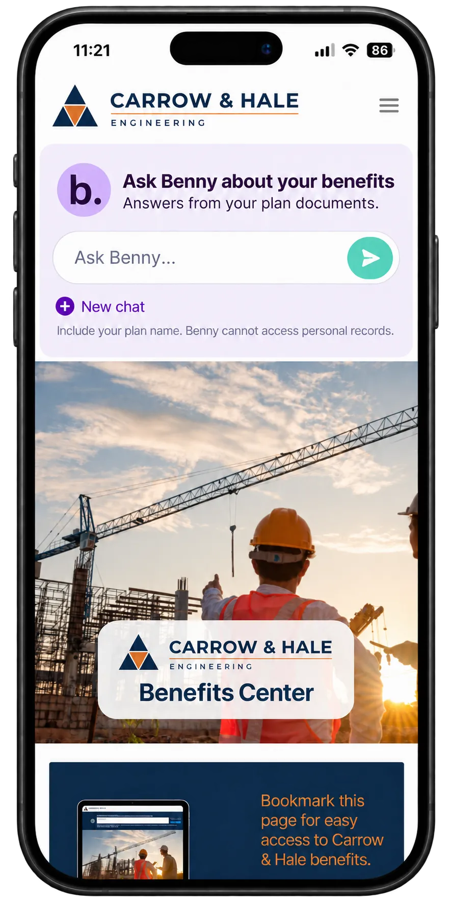 A mobile device showing a branded benefits Site with Benny and benefit categories.