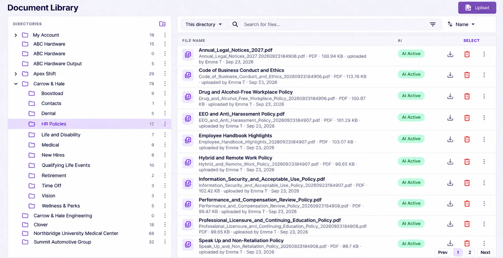 Document Library with separate employer directories and topic folders, search, upload, and AI Active status.