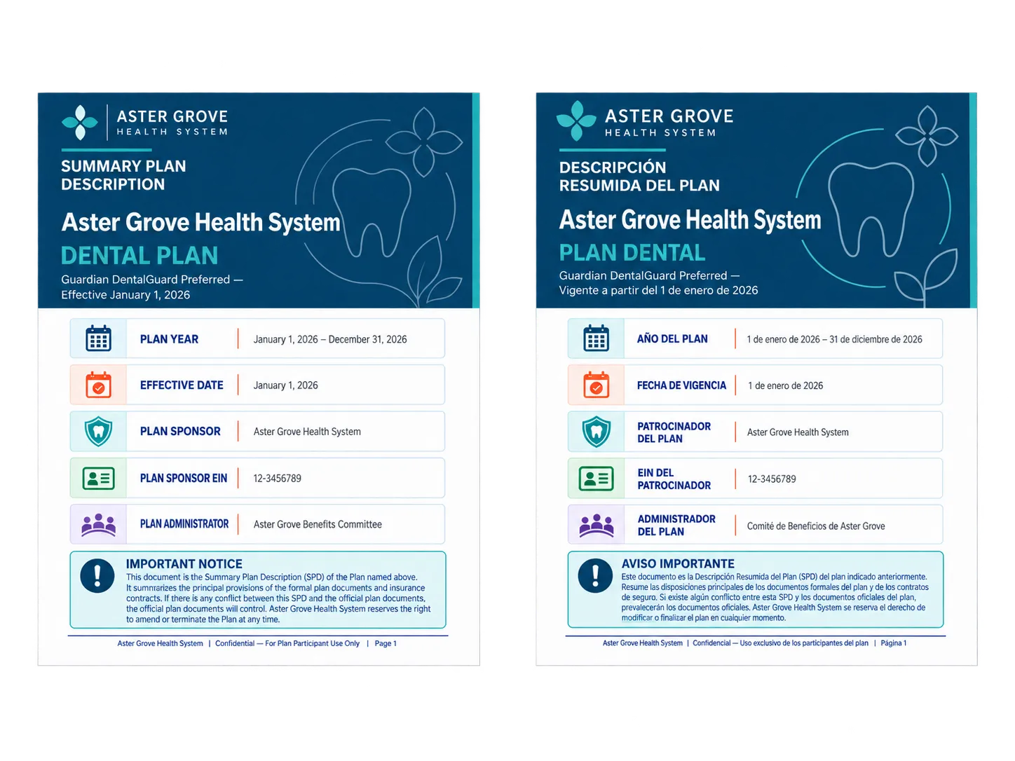 English and Spanish versions of a demonstration dental plan document.