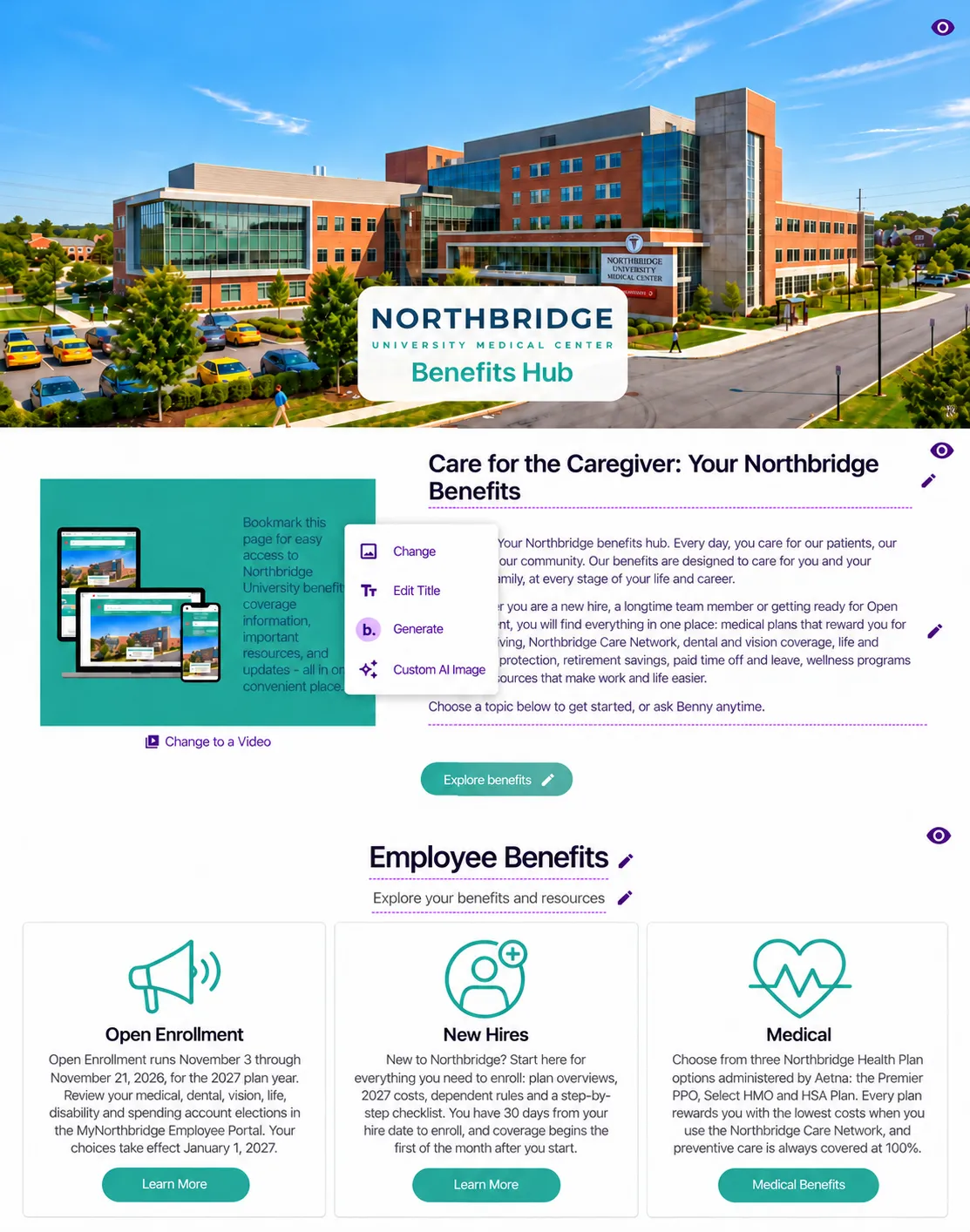 Northbridge Site editor with an open image menu and Employee Benefits feature cards for Open Enrollment, New Hires, and Medical.