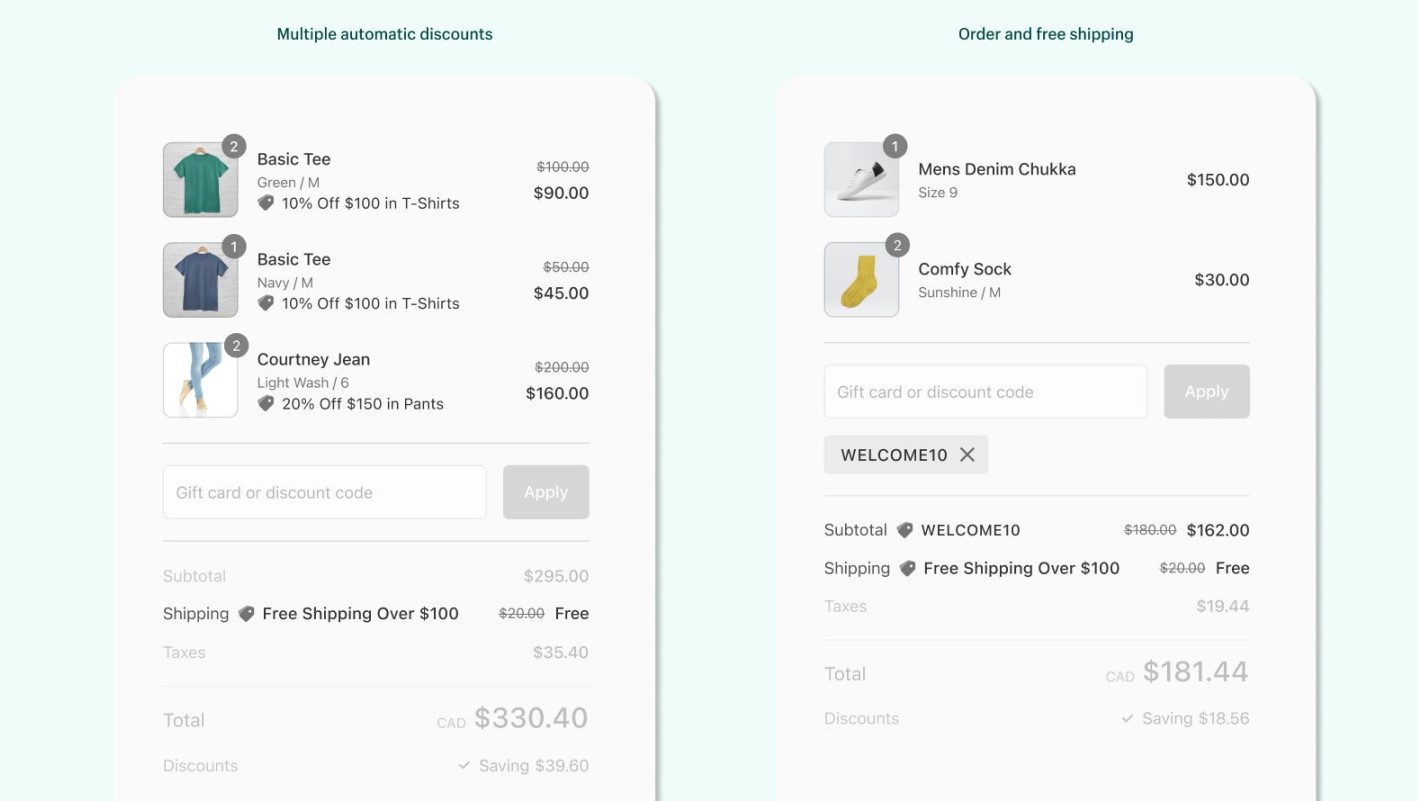 An example of Shopify checkout with multiple combined discount codes