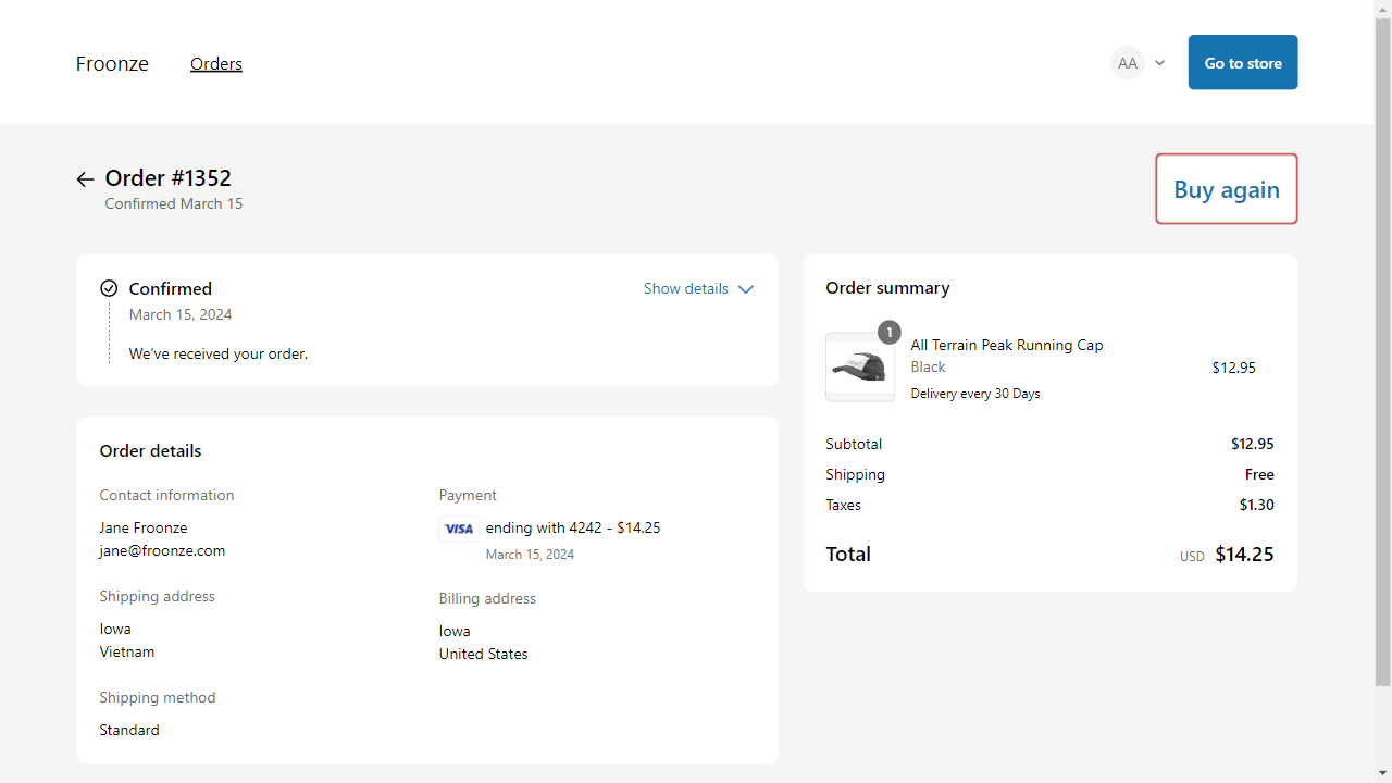 Buy Again button in Shopify's new account dashboard