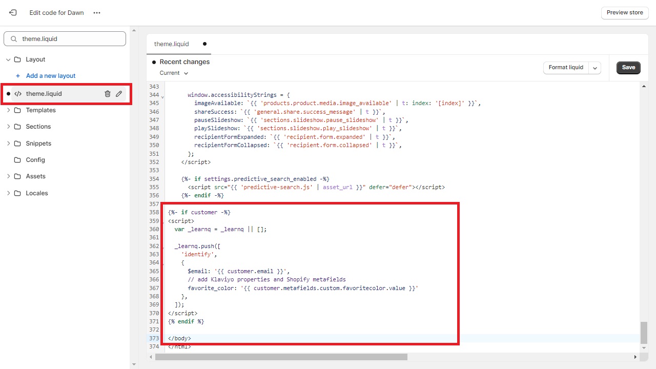 code theme.liquid Shopify Klaviyo