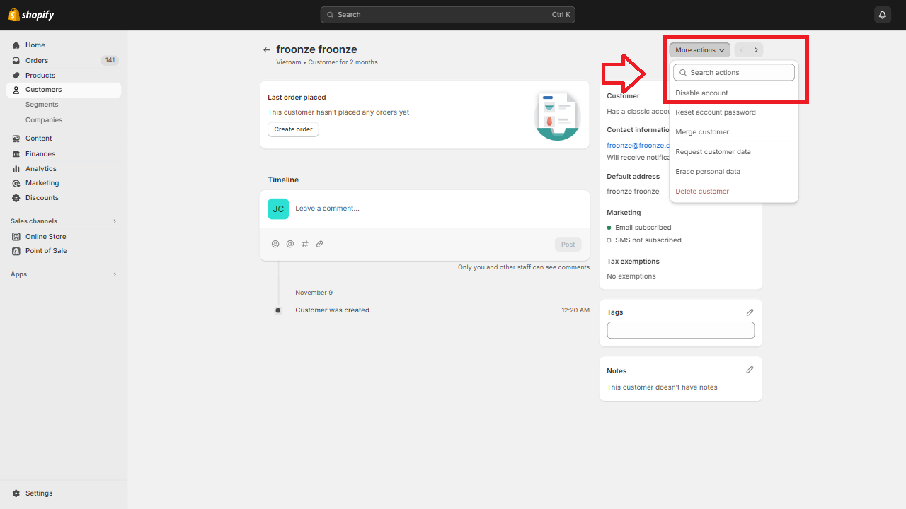 Disable a customer's account in Shopify